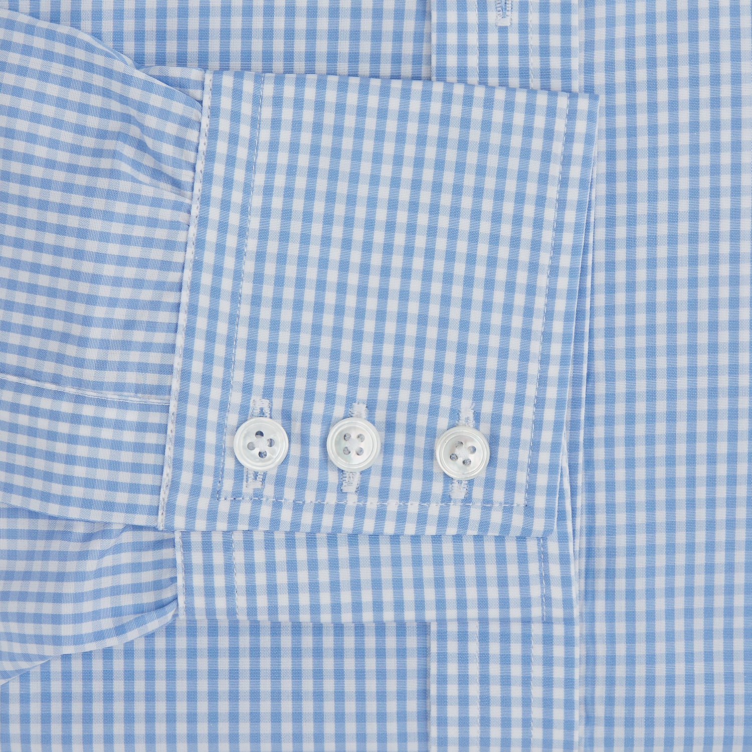 Image 4 of product The Turnbull & Asser Light Blue Gingham Check Shirt features a T&A collar, 3-button cuffs, and white buttons down the front.