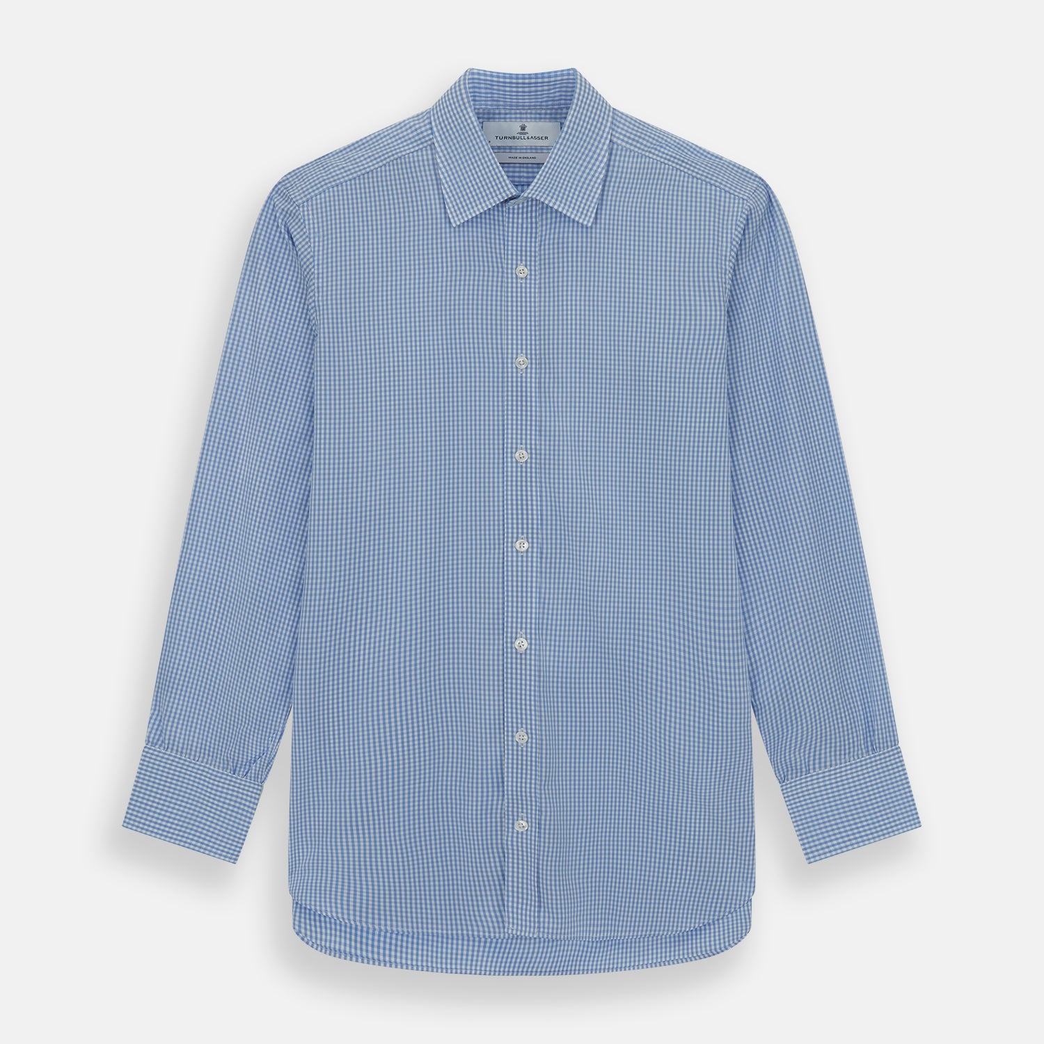 Image 1 of product The Turnbull & Asser Light Blue Gingham Check Shirt features a T&A collar, 3-button cuffs, and white buttons down the front.