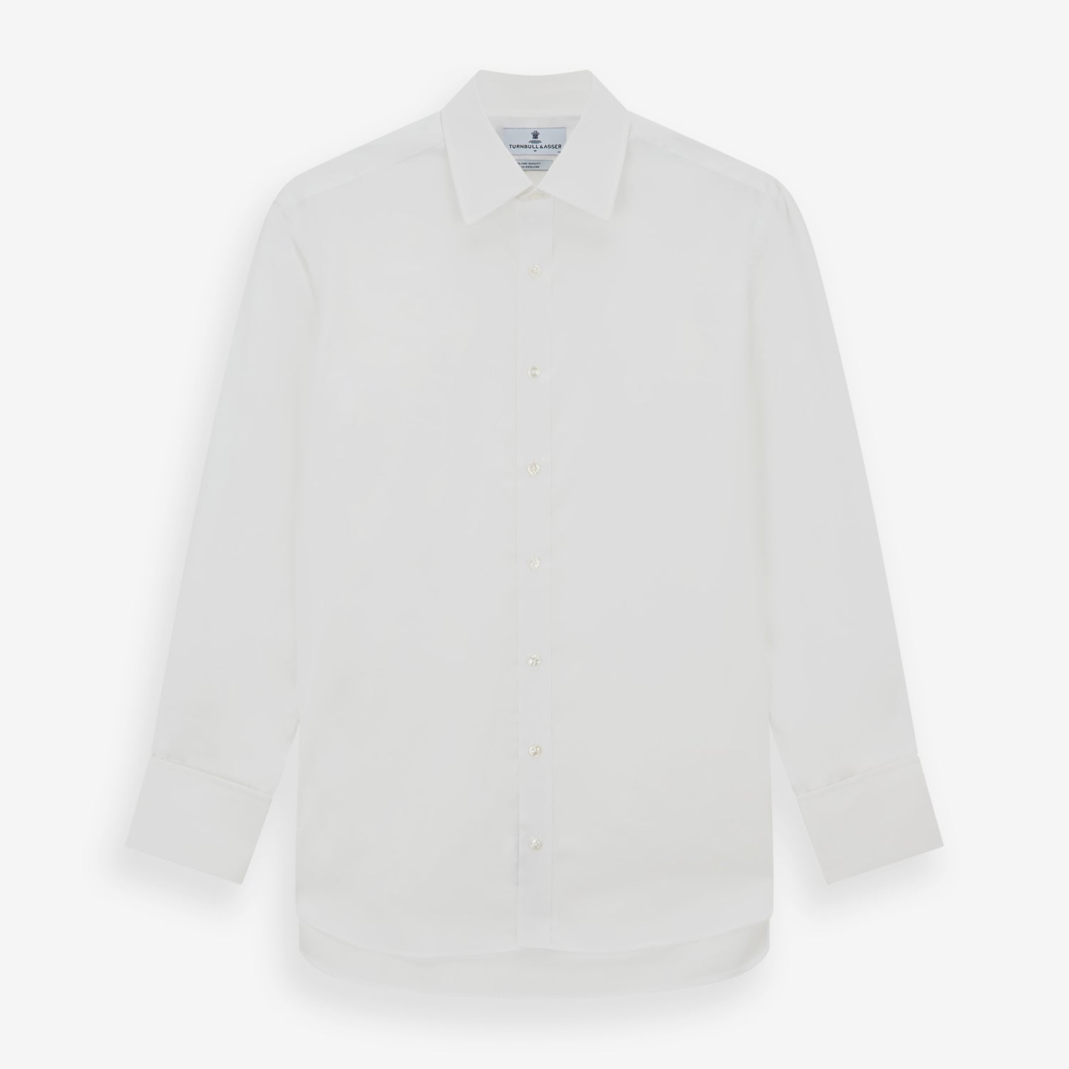 Image 1 of product The Turnbull & Asser White Sea Island Quality Cotton Shirt features a T&A collar and double cuffs, crafted from premium cotton and shown laid flat against a white background.