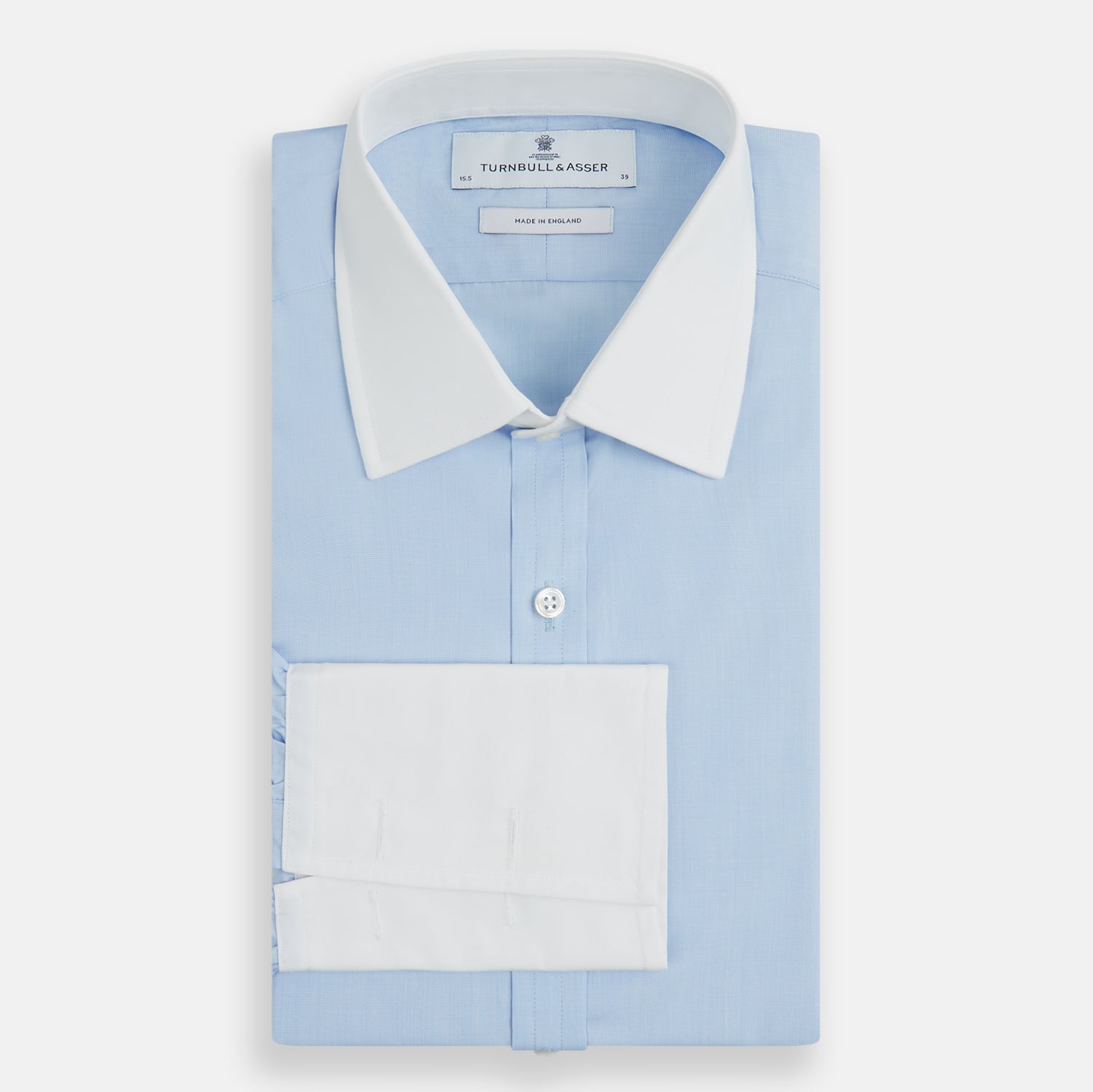 Image 4 of product Turnbull & Asser Light Blue End-on-End Shirt features a contrast T&A white collar, double cuffs, long sleeves, and button-down front. Displayed on a plain white background.