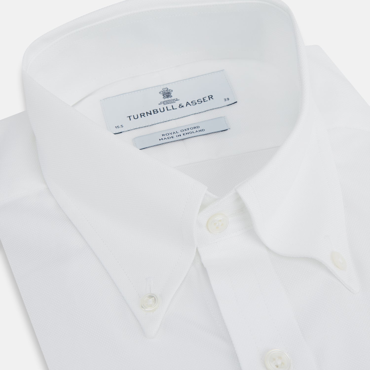 Image 2 of product The White Royal Oxford Cotton Shirt by Turnbull & Asser features a button-down collar and 3-button cuffs—ideal for minimalist looks. Shown against a plain white background.