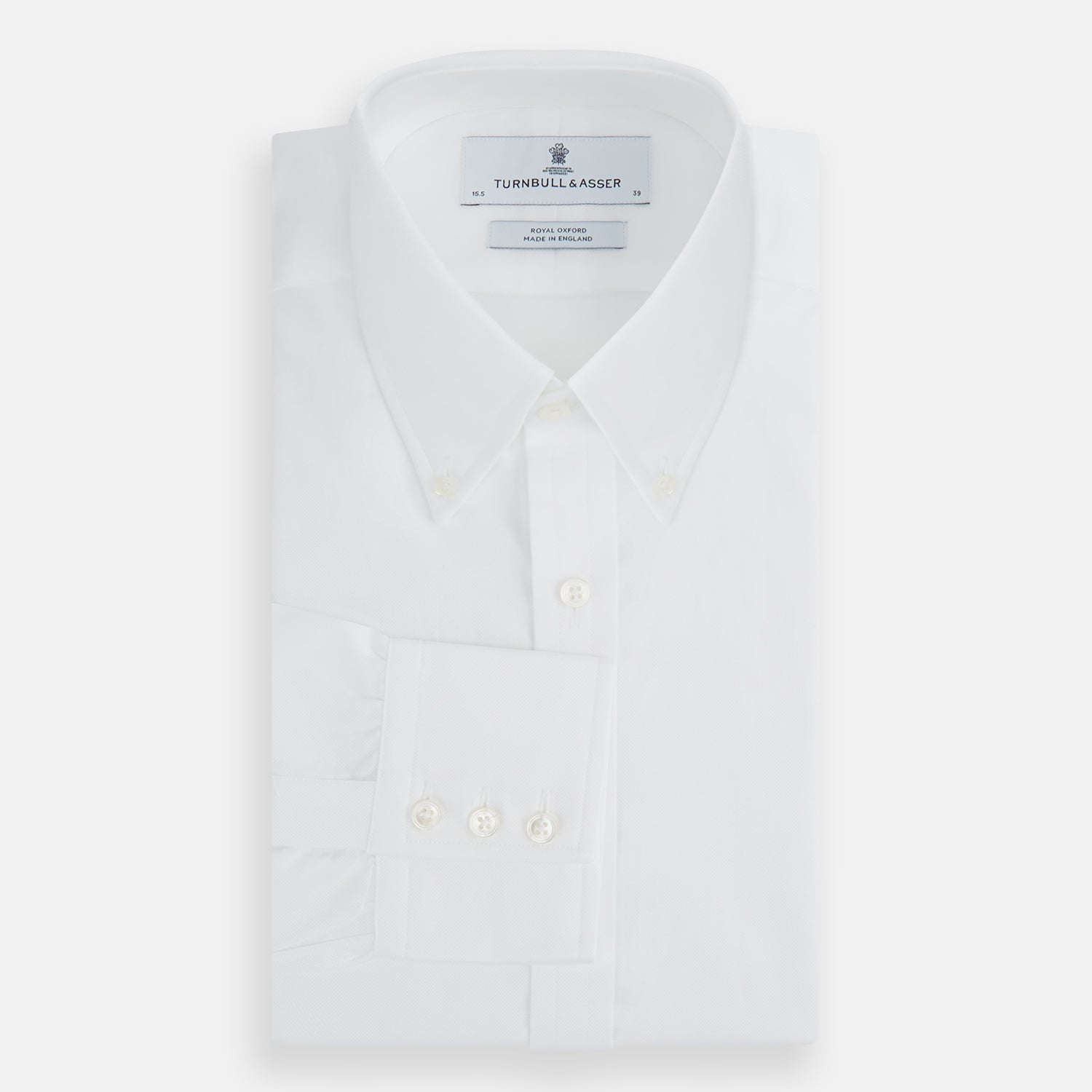 Image 5 of product The White Royal Oxford Cotton Shirt by Turnbull & Asser features a button-down collar and 3-button cuffs—ideal for minimalist looks. Shown against a plain white background.