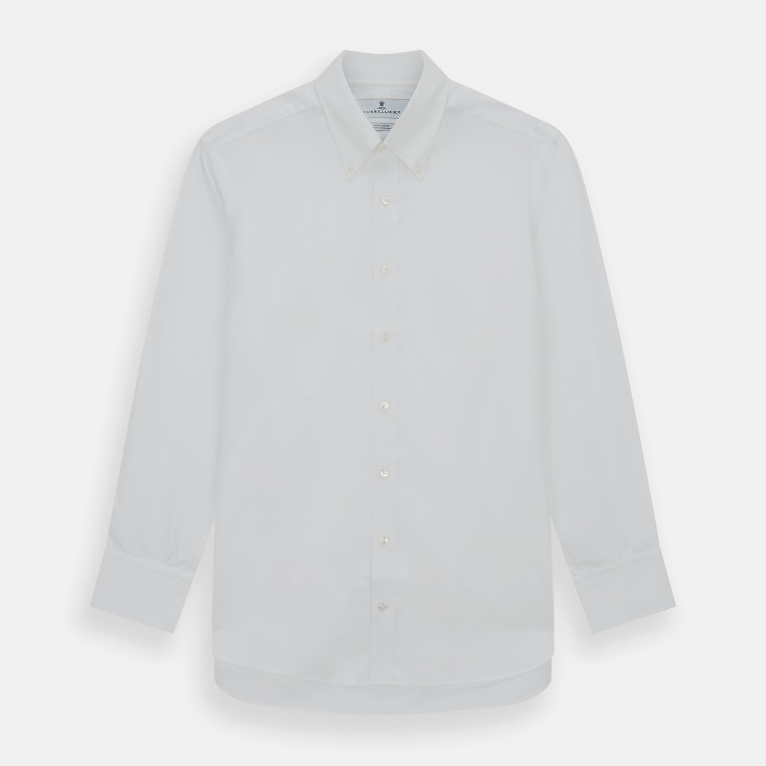 Image 1 of product The White Royal Oxford Cotton Shirt by Turnbull & Asser features a button-down collar and 3-button cuffs—ideal for minimalist looks. Shown against a plain white background.