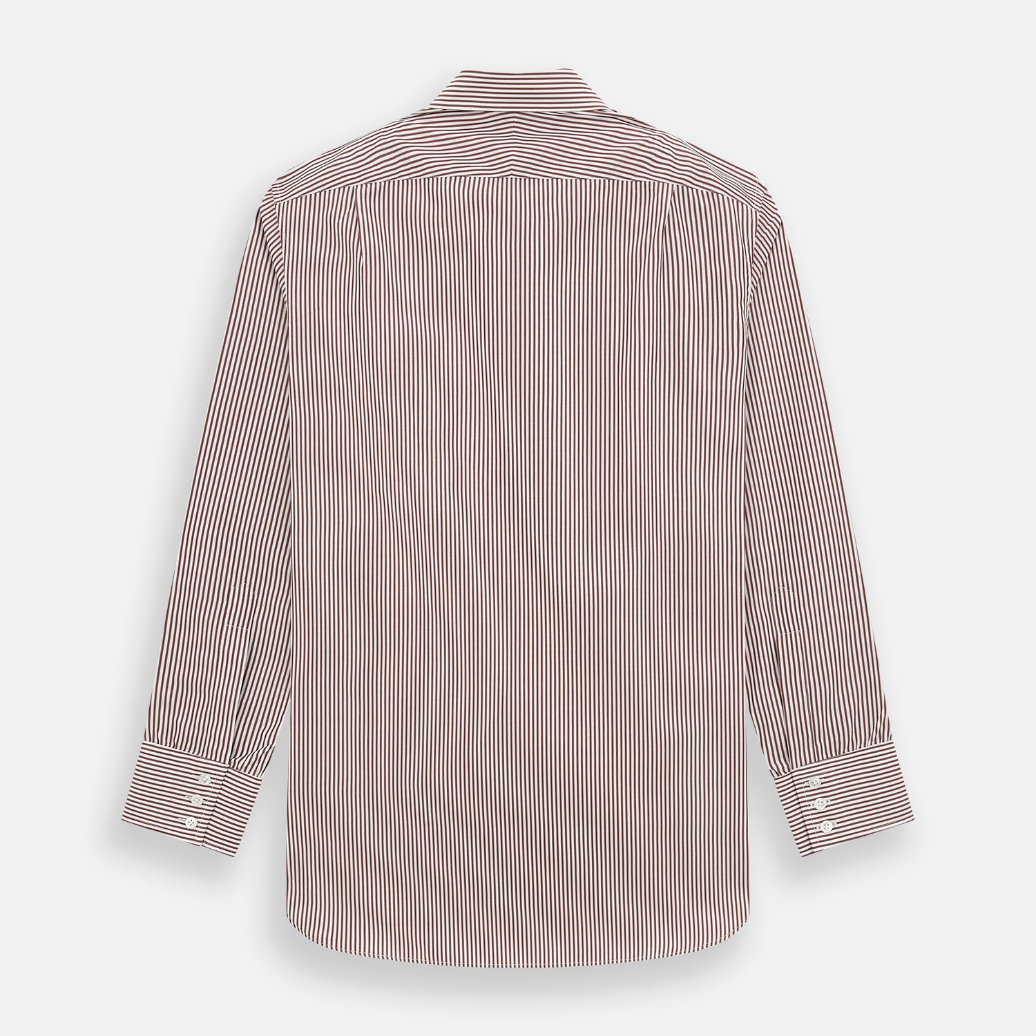 Image 3 of product The Turnbull & Asser Burgundy Halo Stripe Winston Shirt features long sleeves, a classic T&A collar, buttoned cuffs, narrow vertical burgundy and white stripes, and is crafted from organic cotton. Displayed on a white background.