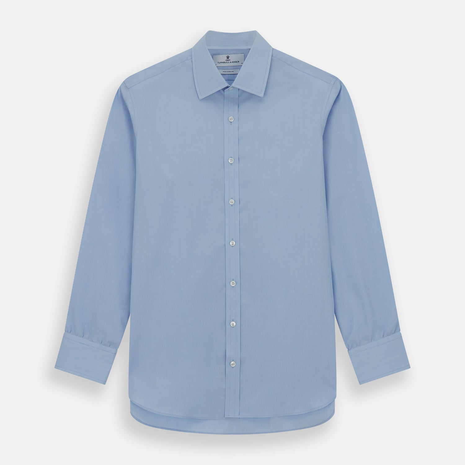Image 1 of product The Turnbull & Asser Light Blue End-on-End Shirt, featuring a T&A collar and 3-button cuffs, is laid flat on a white background—perfect for smart looks or complementing your favorite navy suit.