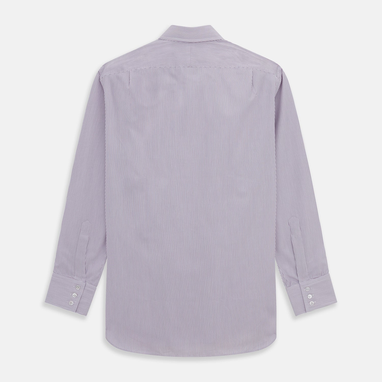 Image 5 of product The Purple Pinstripe Mayfair Shirt by Turnbull & Asser is a light purple cotton poplin long-sleeve button-up with white stripes, a pointed collar, white buttons, and cuffed sleeves, shown laid flat on a white background.