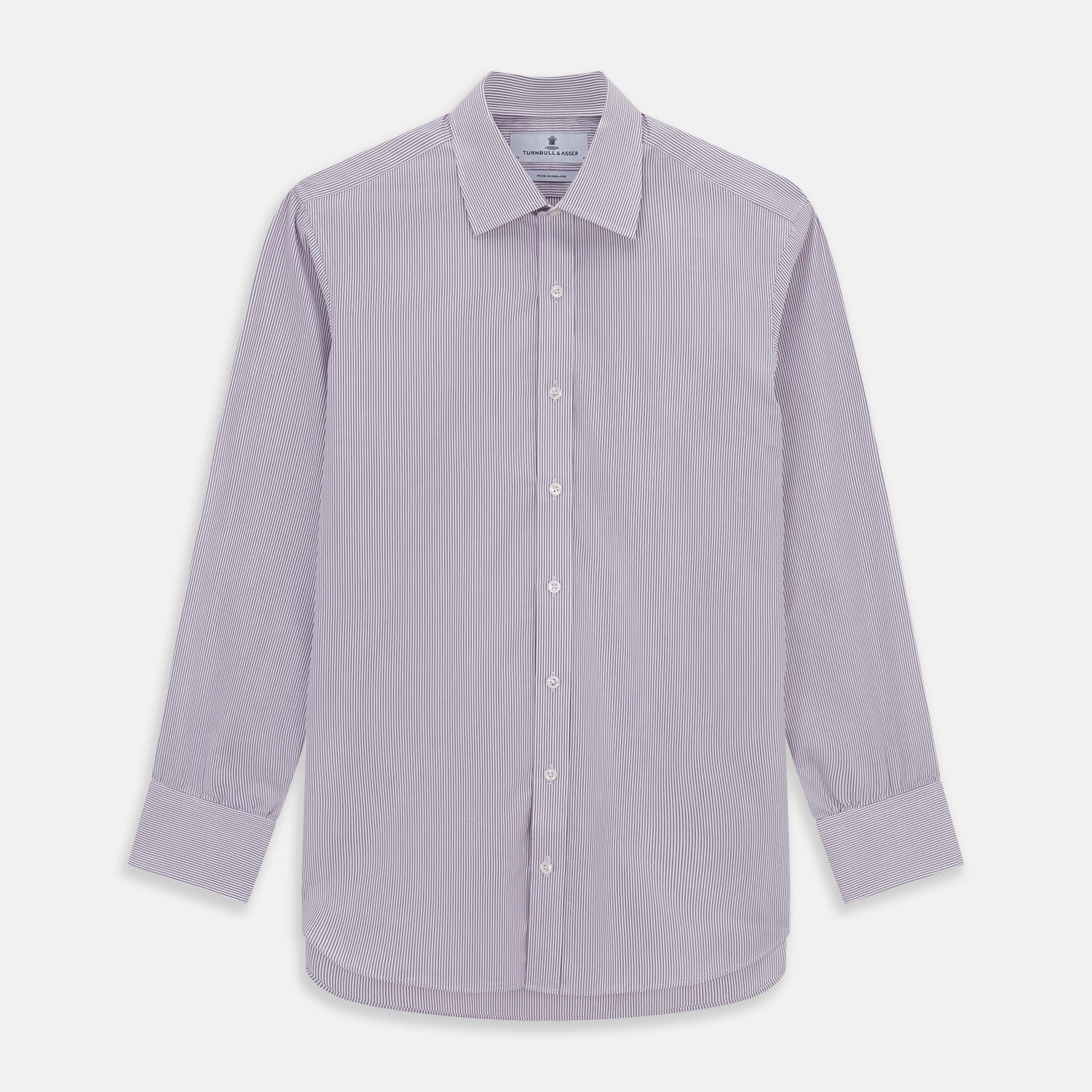 Image 1 of product The Purple Pinstripe Mayfair Shirt by Turnbull & Asser is a light purple cotton poplin long-sleeve button-up with white stripes, a pointed collar, white buttons, and cuffed sleeves, shown laid flat on a white background.