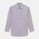 The Purple Pinstripe Mayfair Shirt by Turnbull & Asser is a light purple cotton poplin long-sleeve button-up with white stripes, a pointed collar, white buttons, and cuffed sleeves, shown laid flat on a white background.