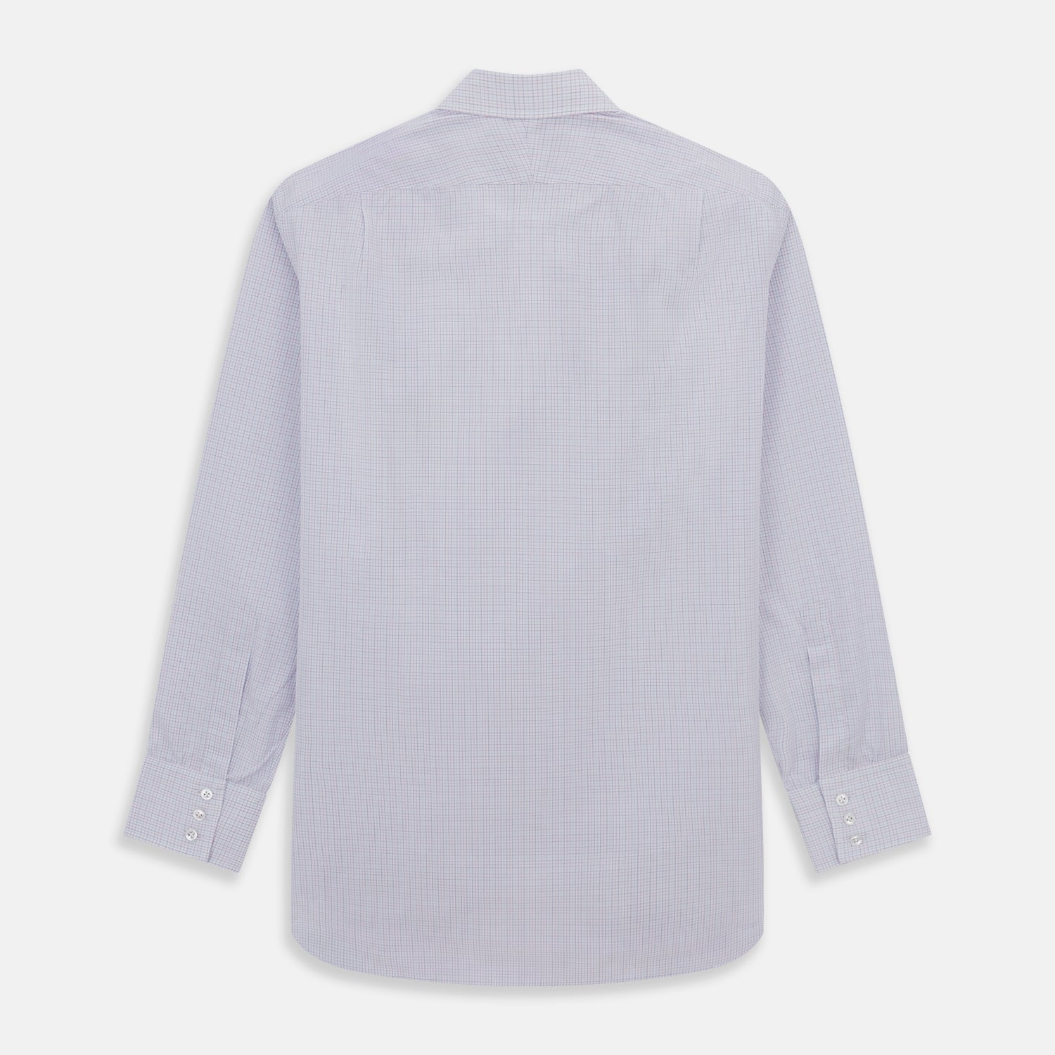 Image 5 of product The Turnbull & Asser Red and Blue Tattersall Check Mayfair Shirt features long sleeves, cotton poplin fabric, a pointed collar, and buttoned cuffs, displayed flat on a white background.