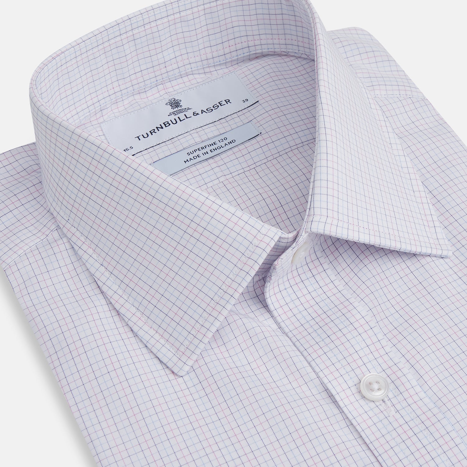 Image 2 of product The Turnbull & Asser Red and Blue Tattersall Check Mayfair Shirt features long sleeves, cotton poplin fabric, a pointed collar, and buttoned cuffs, displayed flat on a white background.