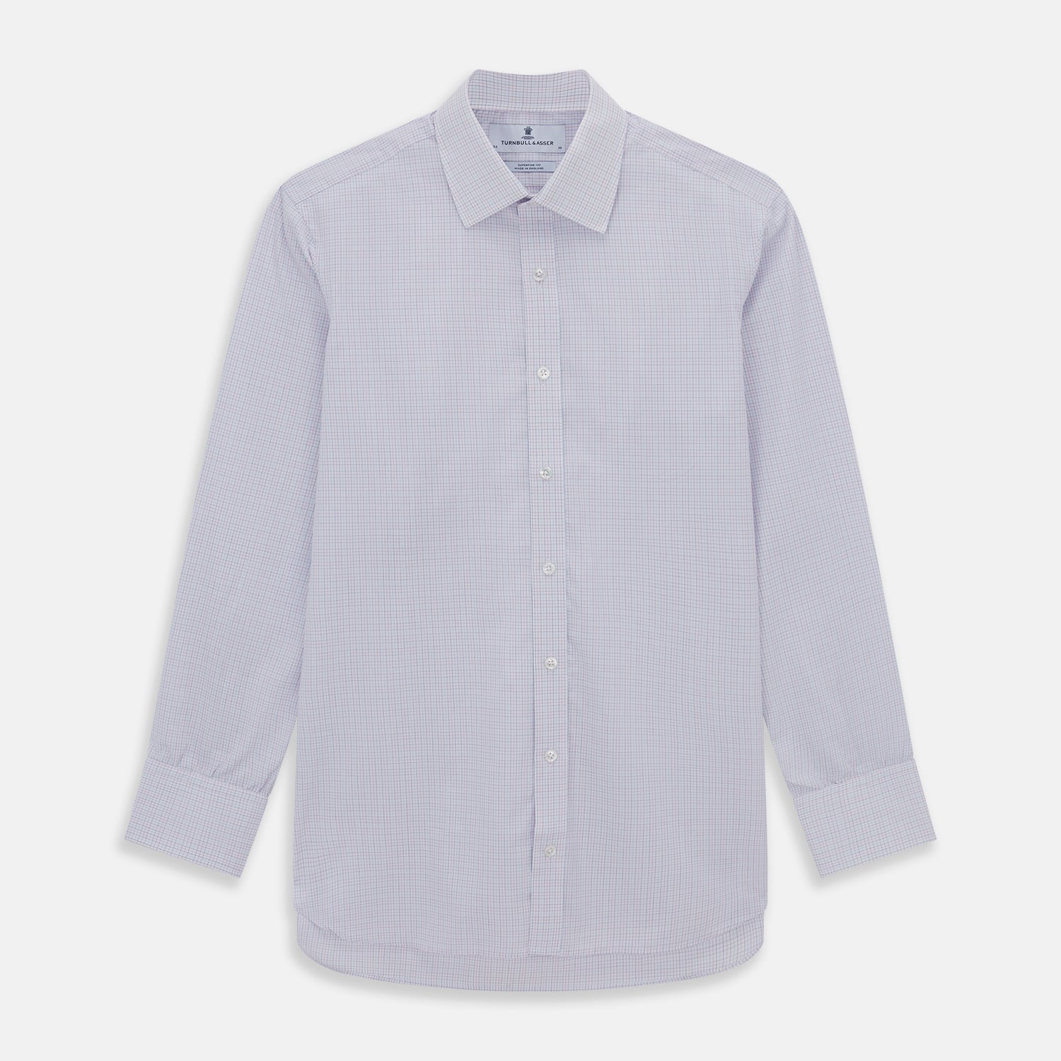 Image 1 of product The Turnbull & Asser Red and Blue Tattersall Check Mayfair Shirt features long sleeves, cotton poplin fabric, a pointed collar, and buttoned cuffs, displayed flat on a white background.