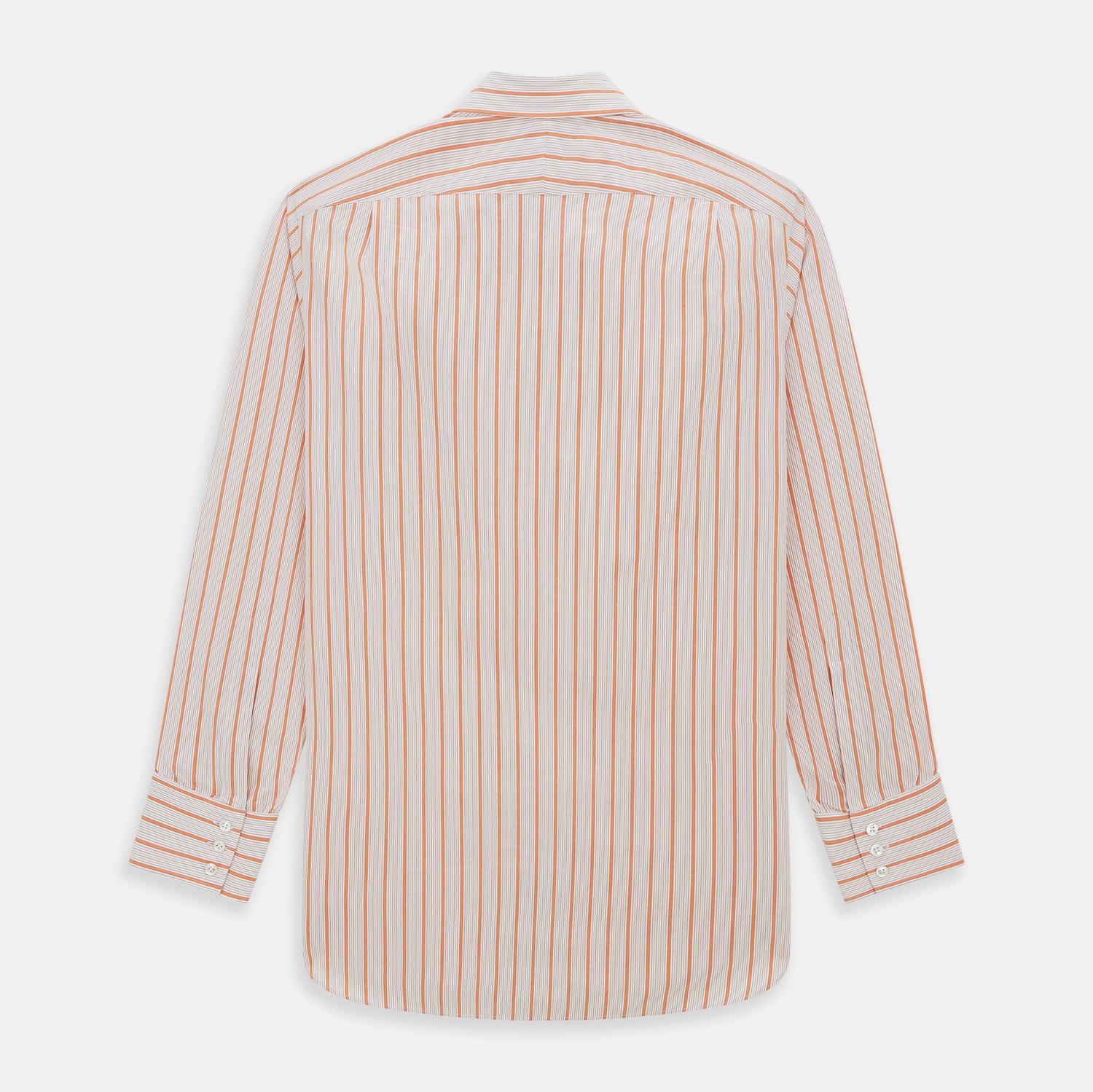 Image 6 of product The Orange Graph Overlay Check Mayfair Shirt by Turnbull & Asser is a long-sleeved organic cotton button-up with orange and white stripes, a collar, and wide cuffs—ideal for elevating your wardrobe. Shown against a white background.