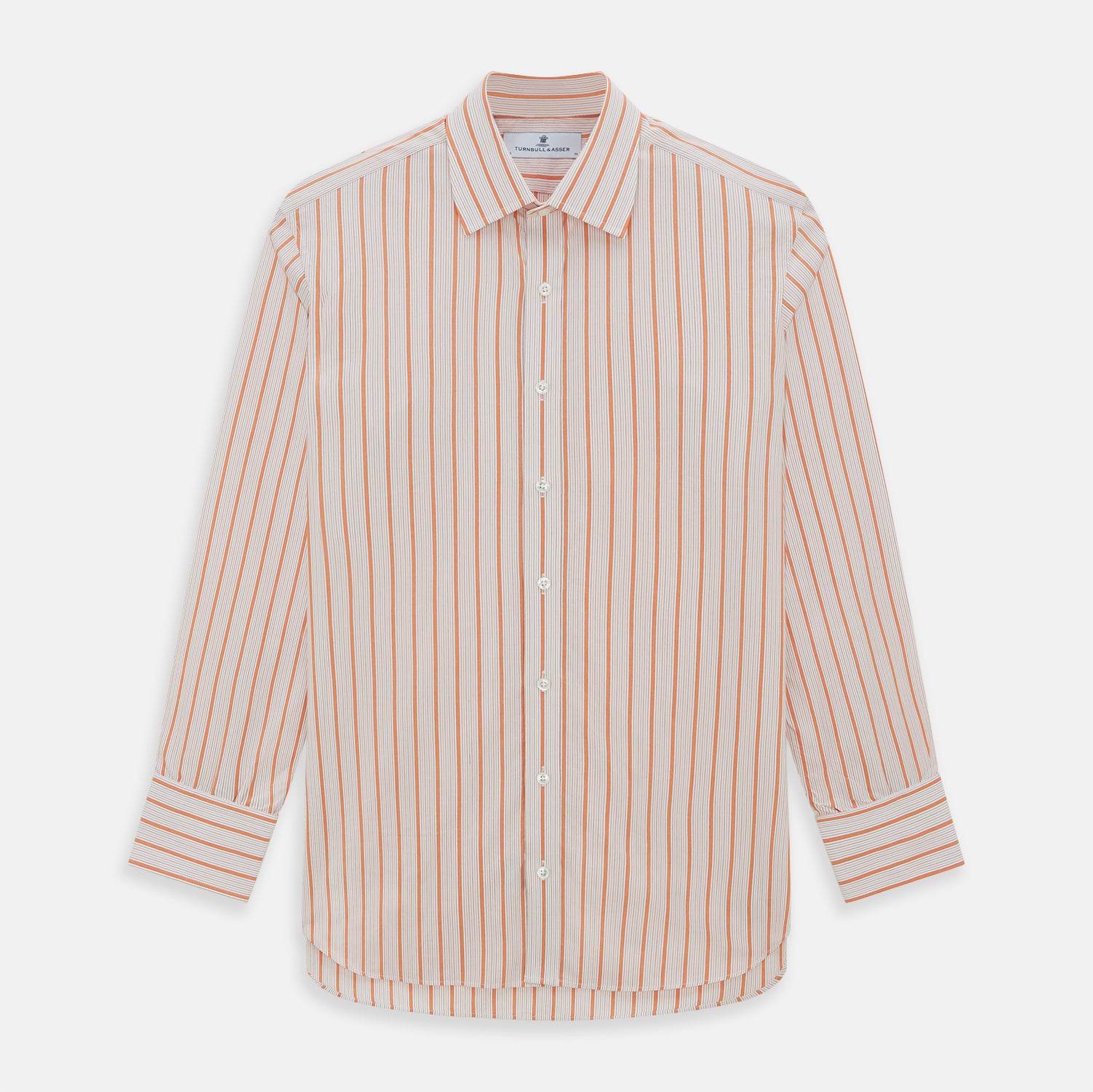 Image 1 of product The Orange Graph Overlay Check Mayfair Shirt by Turnbull & Asser is a long-sleeved organic cotton button-up with orange and white stripes, a collar, and wide cuffs—ideal for elevating your wardrobe. Shown against a white background.
