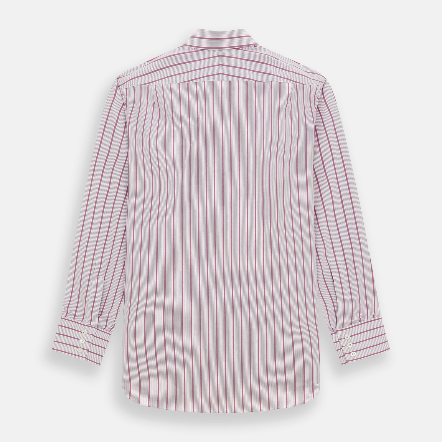 Image 5 of product A long-sleeved, collared Turnbull & Asser Purple Multi Track Stripe Mayfair Shirt with buttons, showcasing vertical purple multi-colored stripes, neatly displayed against a plain background.
