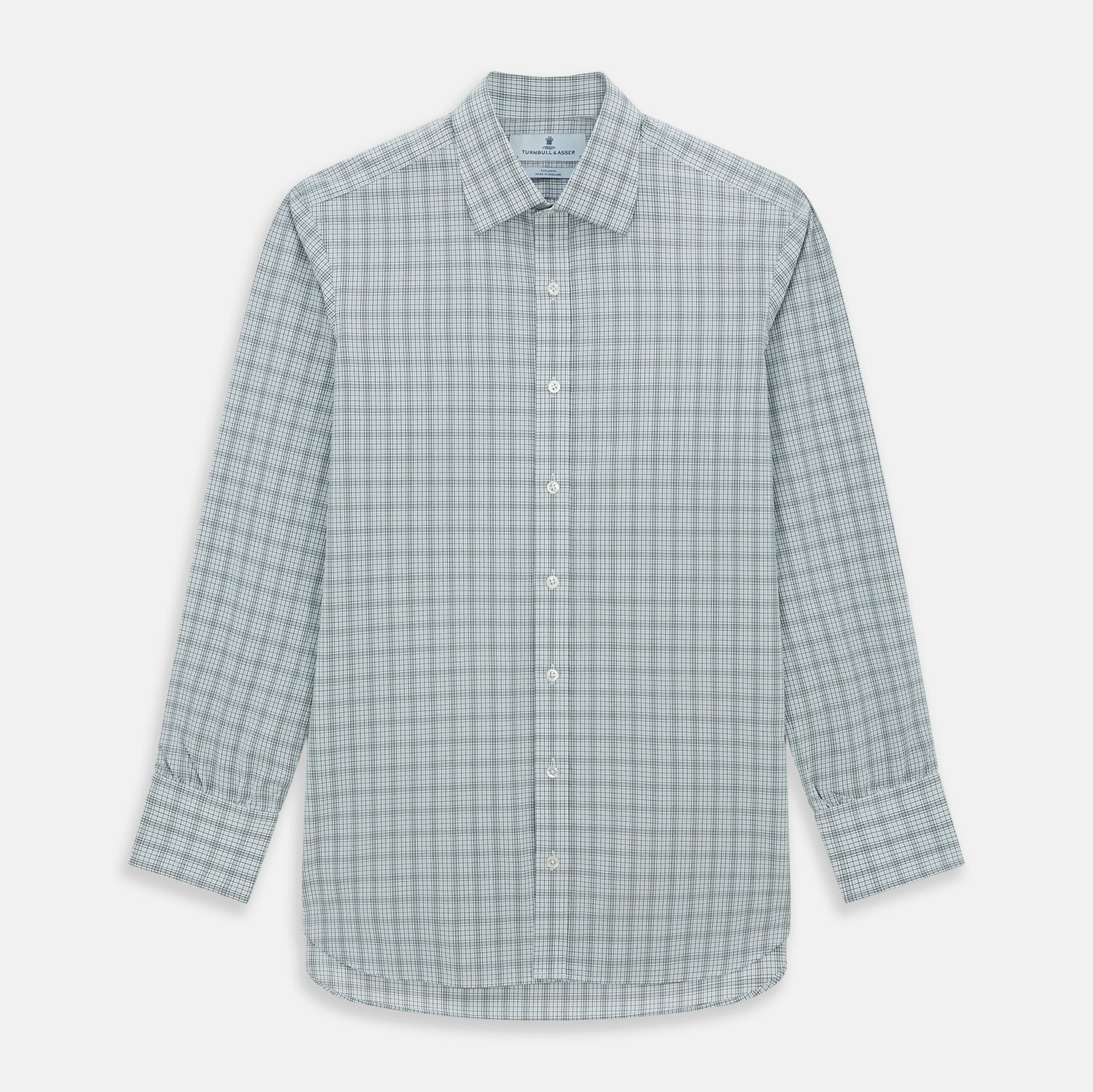 Image 1 of product The Turnbull & Asser Grey Fine Multi Graph Check Mayfair Shirt features a breathable cotton fabric, classic T&A collar, white buttons, and a subtle plaid pattern, displayed on a white background.