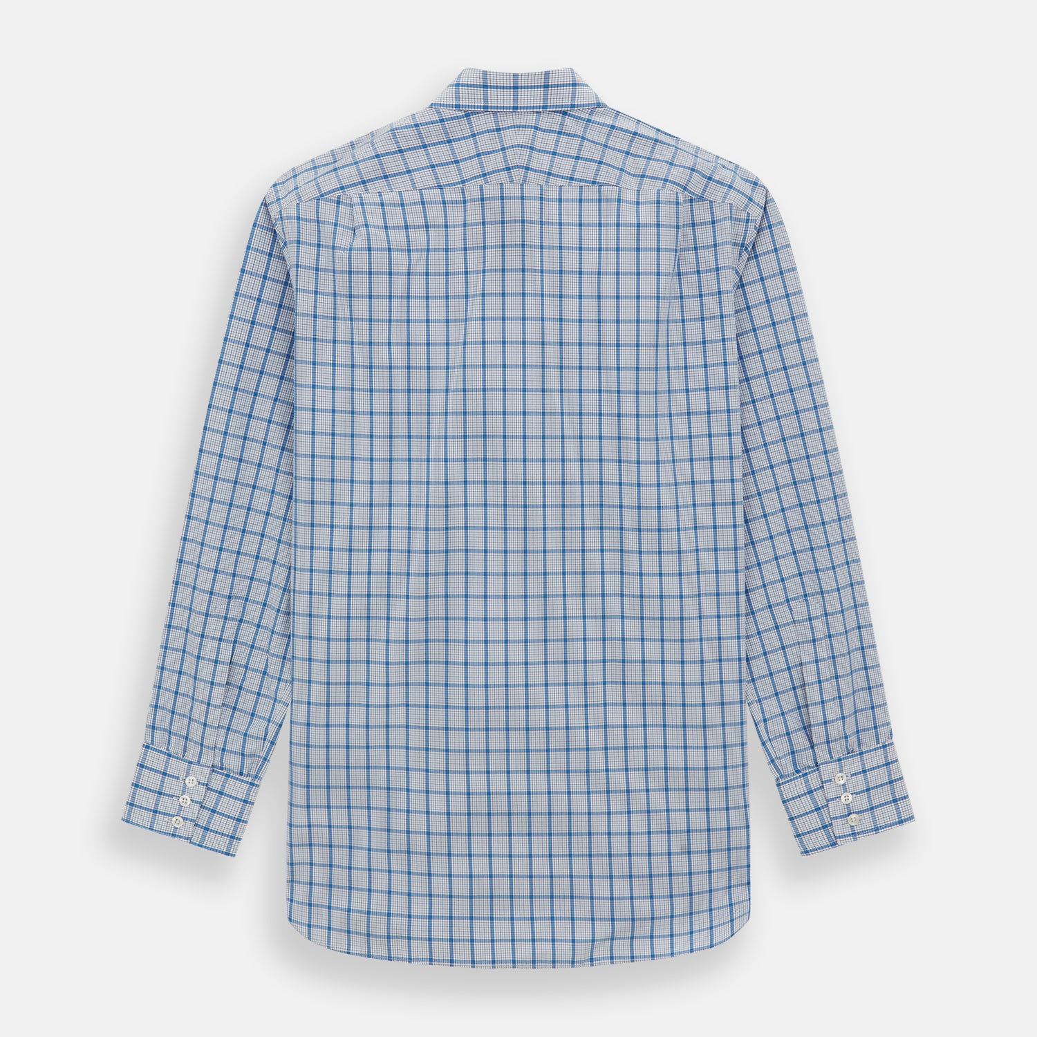 Image 5 of product The Turnbull & Asser Blue Graph Overlay Check Mayfair Shirt features long sleeves, a spread collar, buttoned cuffs, and a blue and white plaid pattern, shown against a plain white background.