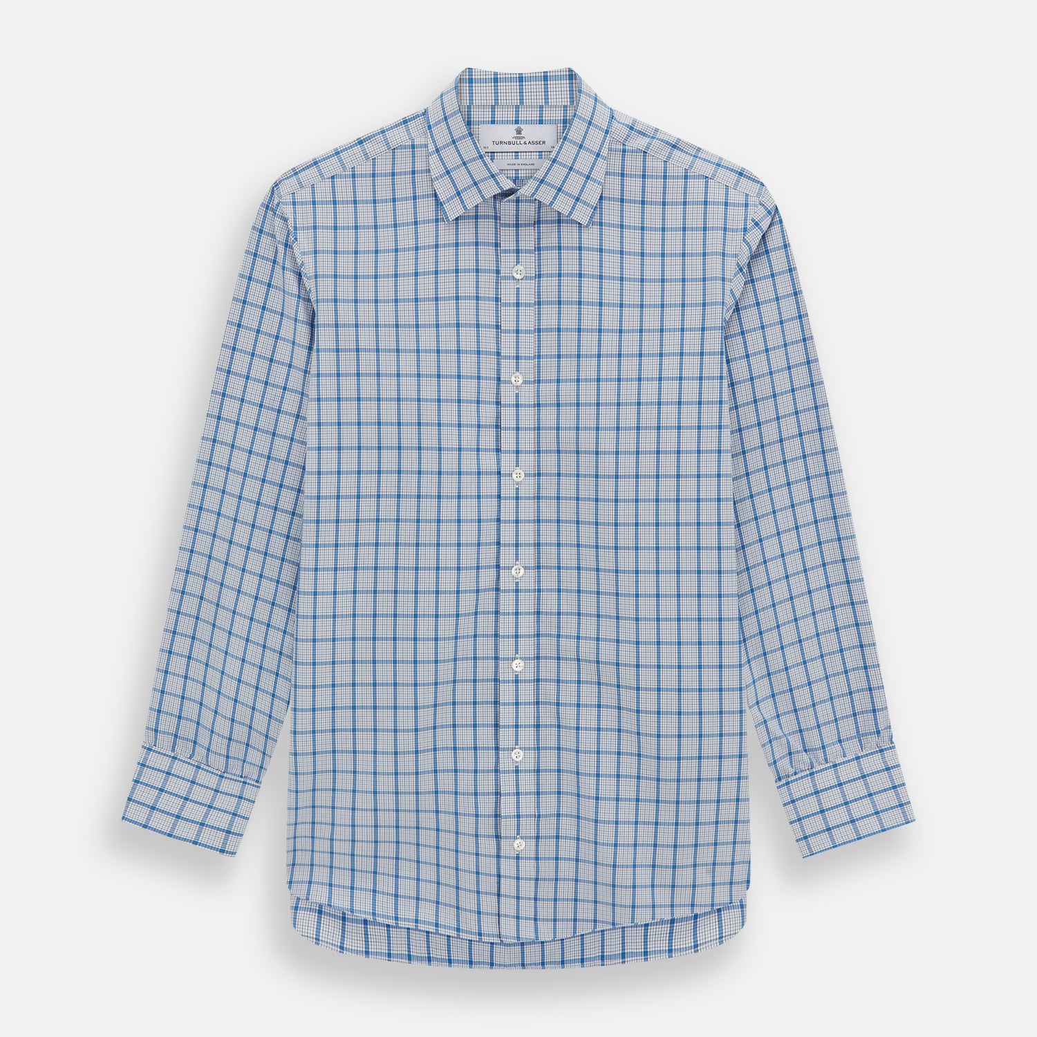 Image 1 of product The Turnbull & Asser Blue Graph Overlay Check Mayfair Shirt features long sleeves, a spread collar, buttoned cuffs, and a blue and white plaid pattern, shown against a plain white background.