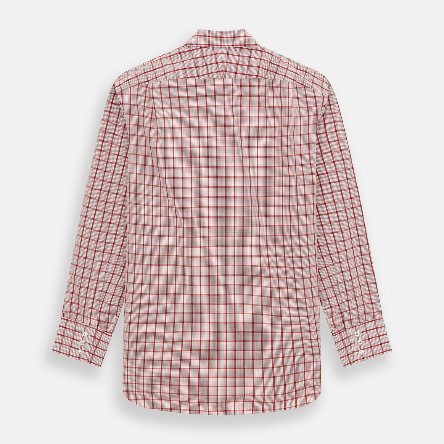 Image 5 of product The Red Graph Overlay Check Mayfair Shirt by Turnbull & Asser is a long-sleeved, button-up shirt with a white base and red check pattern, featuring a collar and buttoned cuffs. Displayed on a plain white background.