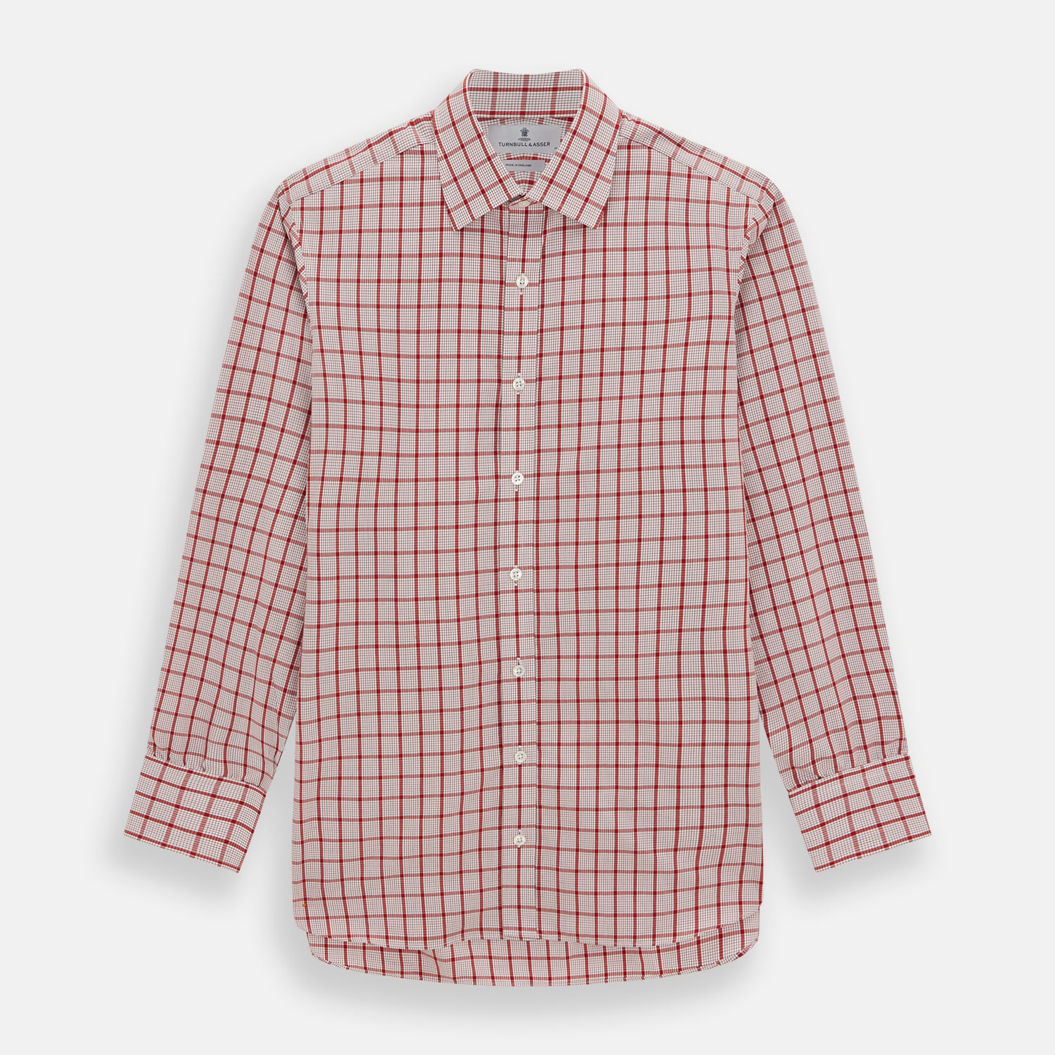 Image 1 of product The Red Graph Overlay Check Mayfair Shirt by Turnbull & Asser is a long-sleeved, button-up shirt with a white base and red check pattern, featuring a collar and buttoned cuffs. Displayed on a plain white background.