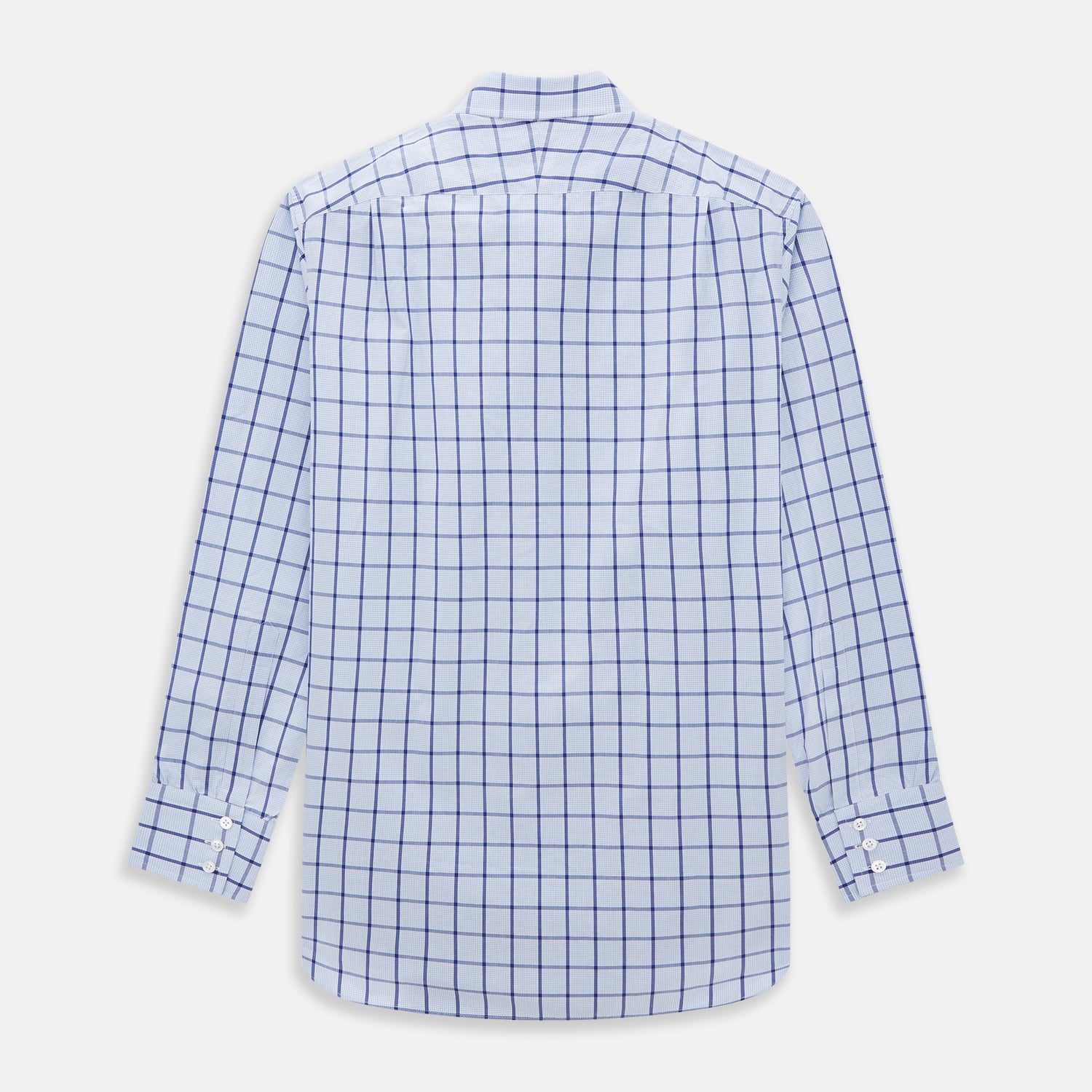 Image 5 of product The Turnbull & Asser Navy Blue Windowpane Check Mayfair Shirt is a long-sleeved, organic cotton, button-up dress shirt with a classic collar and buttoned cuffs—white fabric with navy windowpane checks, ideal for any wardrobe capsule.