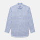 The Turnbull & Asser Navy Blue Windowpane Check Mayfair Shirt is a long-sleeved, organic cotton, button-up dress shirt with a classic collar and buttoned cuffs—white fabric with navy windowpane checks, ideal for any wardrobe capsule.
