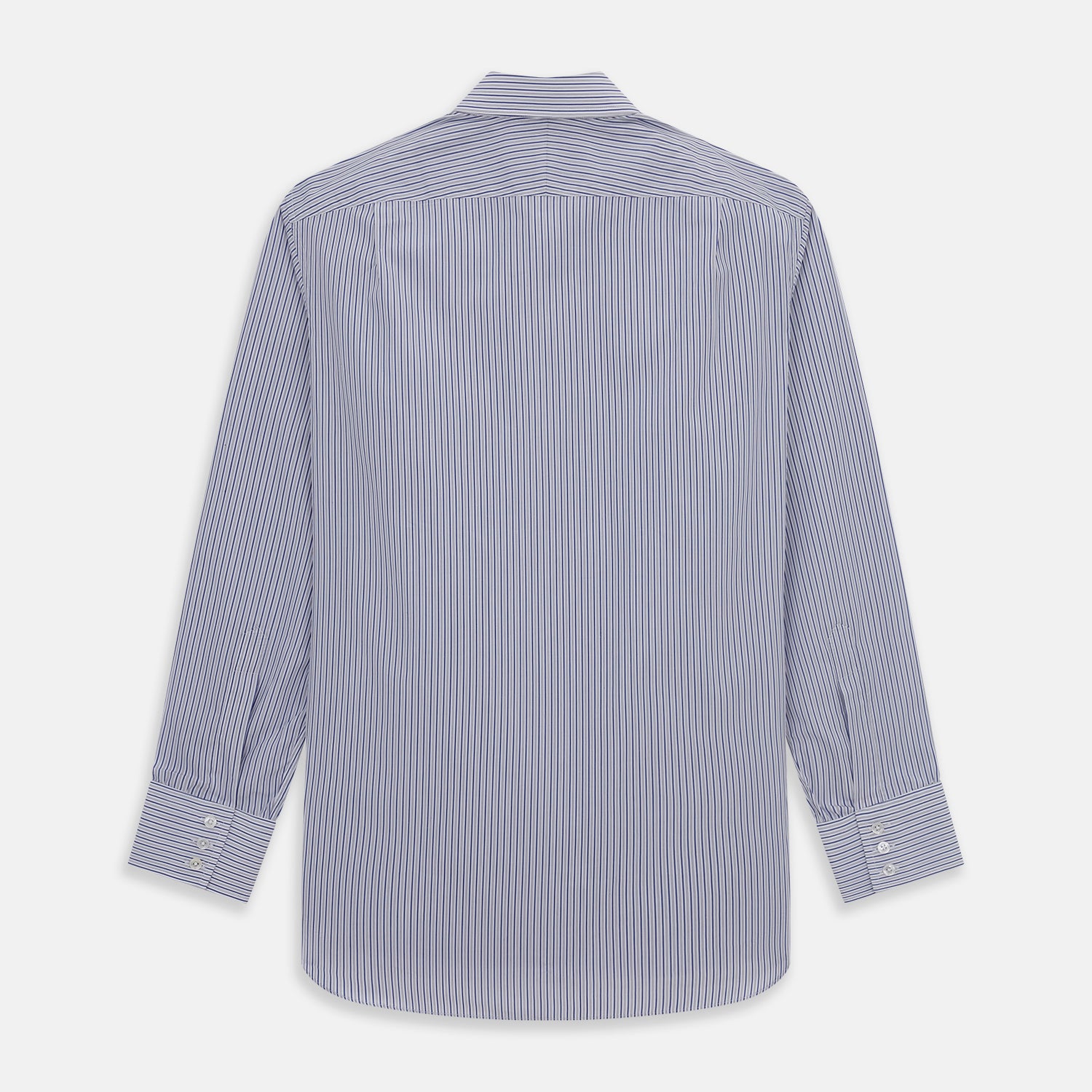 Image 5 of product The Dark Blue Track Stripe Mayfair Shirt by Turnbull & Asser is a long-sleeve, button-up Egyptian cotton shirt with a classic collar and thin blue and white stripes, laid flat on a white background.