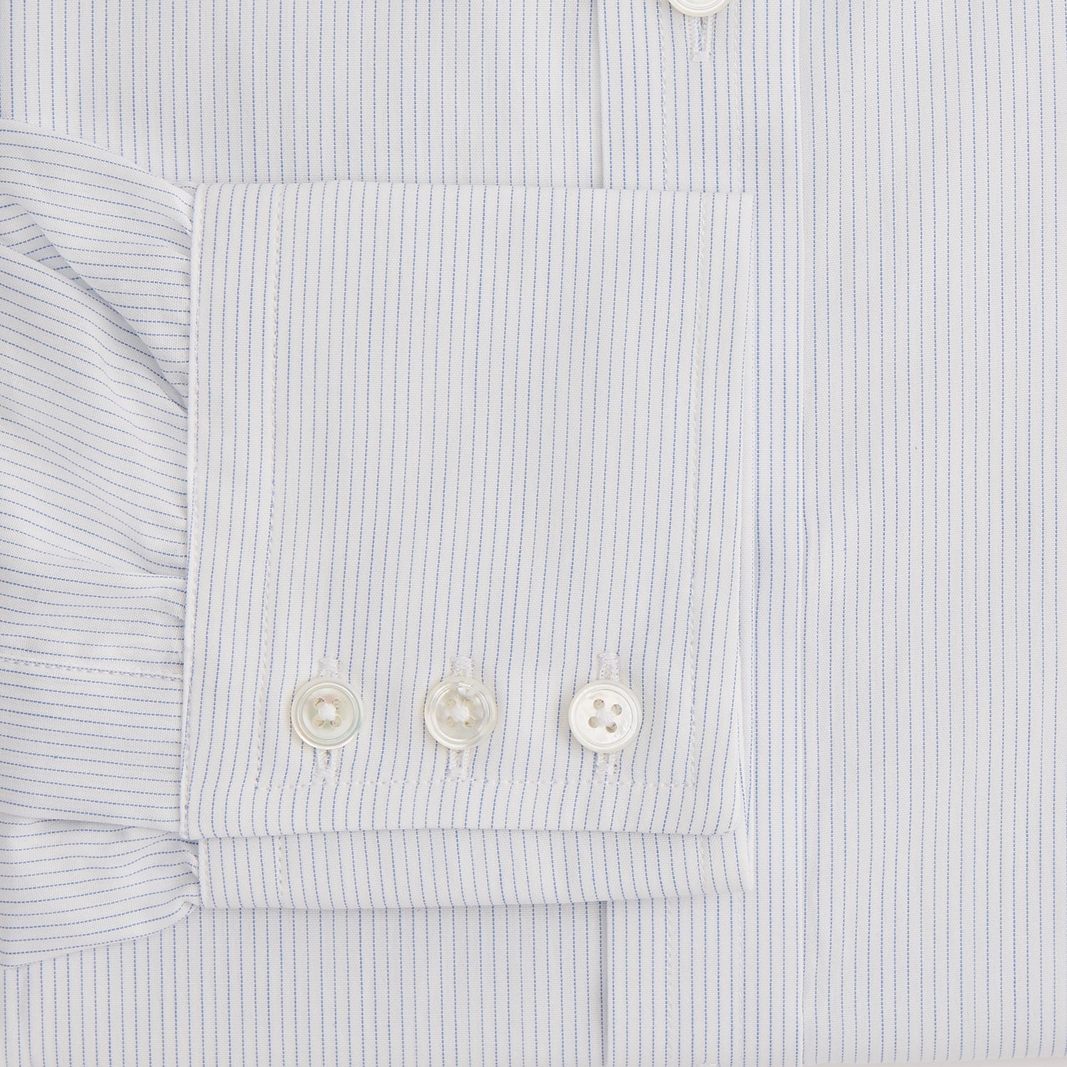 Image 3 of product The Blue Pencil Stripe Mayfair Shirt by Turnbull & Asser features light blue stripes, long sleeves, a classic T&A collar, and buttoned cuffs, displayed on a plain white background.