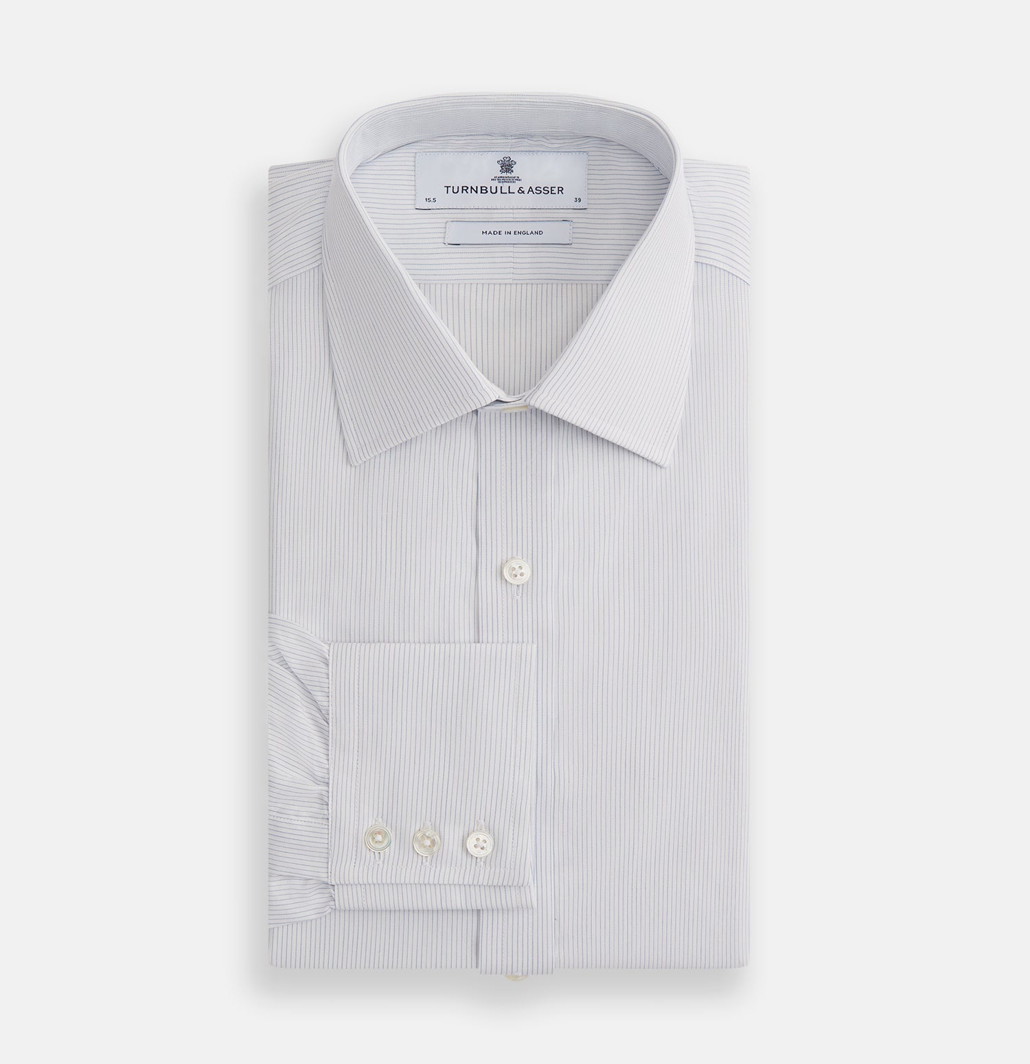 Image 4 of product The Blue Pencil Stripe Mayfair Shirt by Turnbull & Asser features light blue stripes, long sleeves, a classic T&A collar, and buttoned cuffs, displayed on a plain white background.