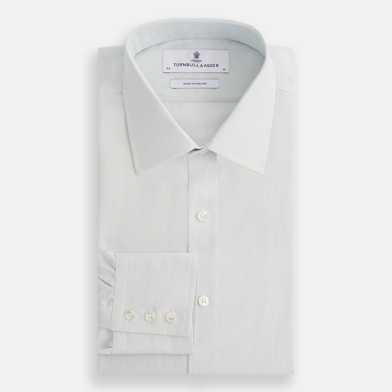 Image 5 of product Pale Blue Pencil Stripe Mayfair Shirt by Turnbull & Asser featuring a classic collar, white buttons, and cuffed long sleeves, displayed flat on a white background.