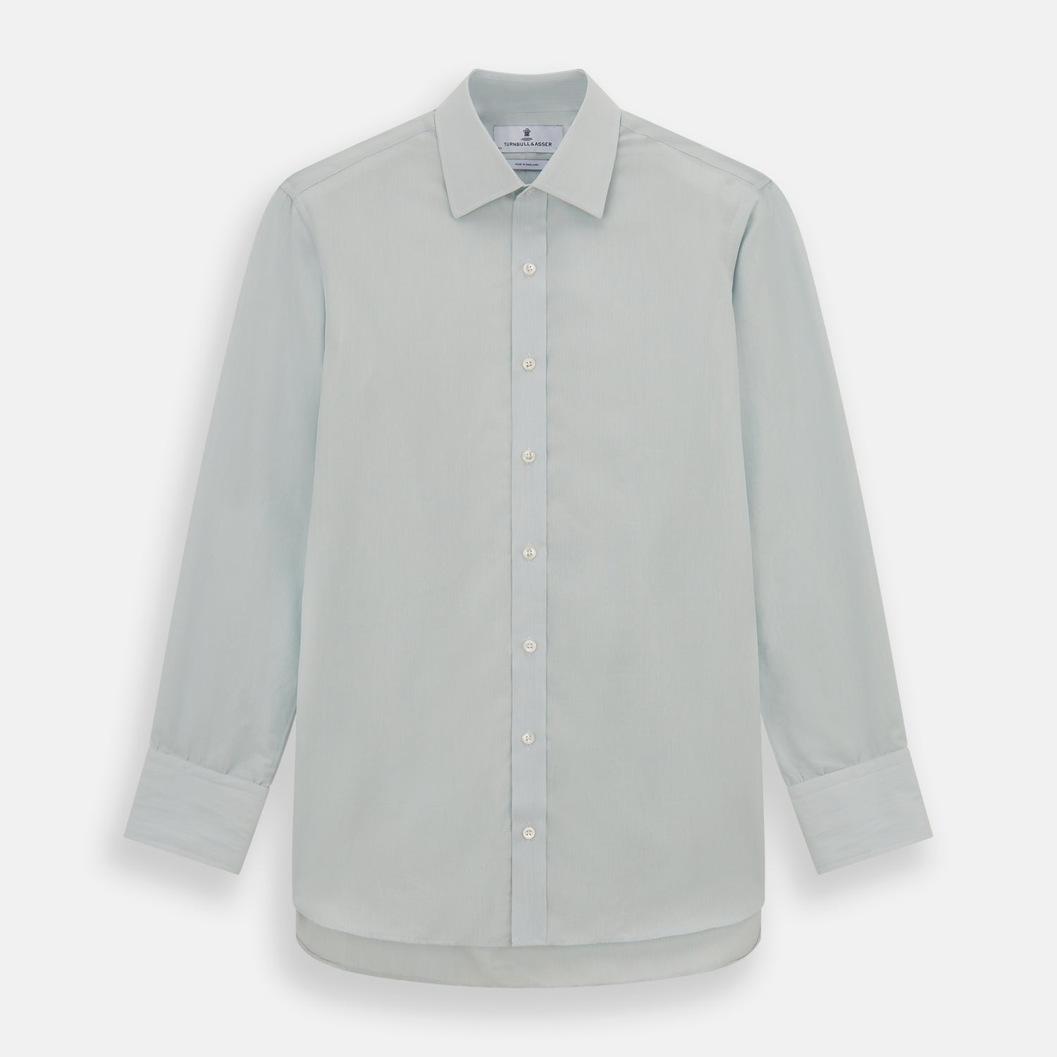Image 1 of product Pale Blue Pencil Stripe Mayfair Shirt by Turnbull & Asser featuring a classic collar, white buttons, and cuffed long sleeves, displayed flat on a white background.