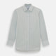 Pale Blue Pencil Stripe Mayfair Shirt by Turnbull & Asser featuring a classic collar, white buttons, and cuffed long sleeves, displayed flat on a white background.
