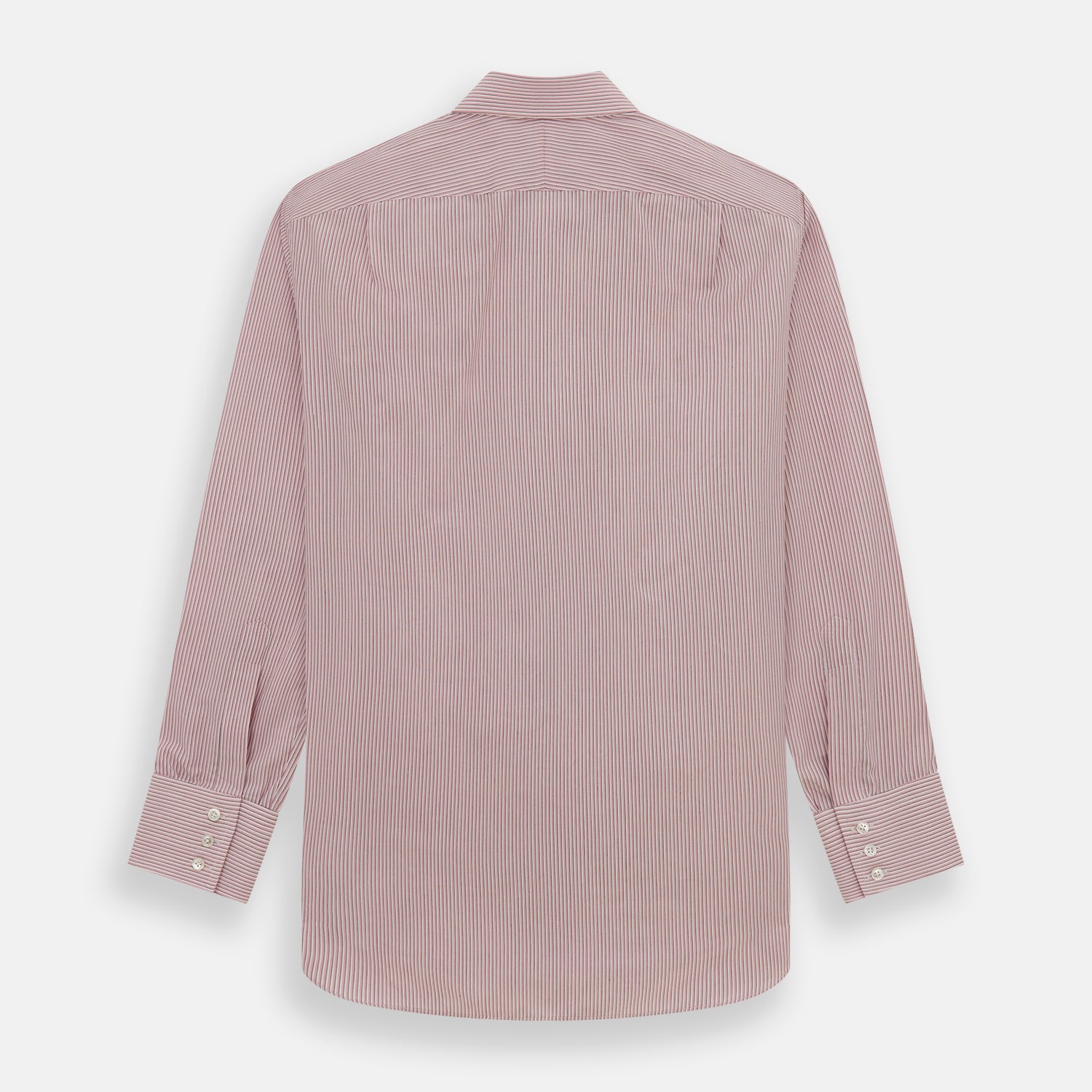 Image 5 of product The Turnbull & Asser Pink Fine Shadow Stripe Mayfair Shirt is a long-sleeved button-up with a classic T&A collar, crafted from pure cotton and featuring thin pink and white vertical stripes, shown on a plain white background.