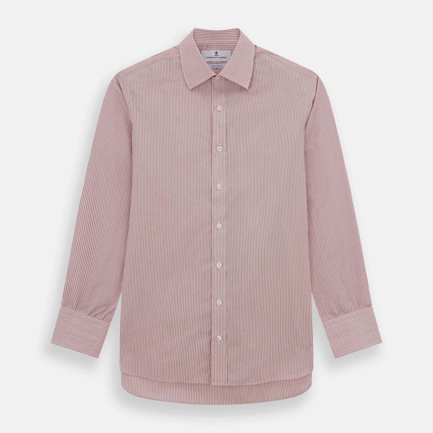 Image 1 of product The Turnbull & Asser Pink Fine Shadow Stripe Mayfair Shirt is a long-sleeved button-up with a classic T&A collar, crafted from pure cotton and featuring thin pink and white vertical stripes, shown on a plain white background.