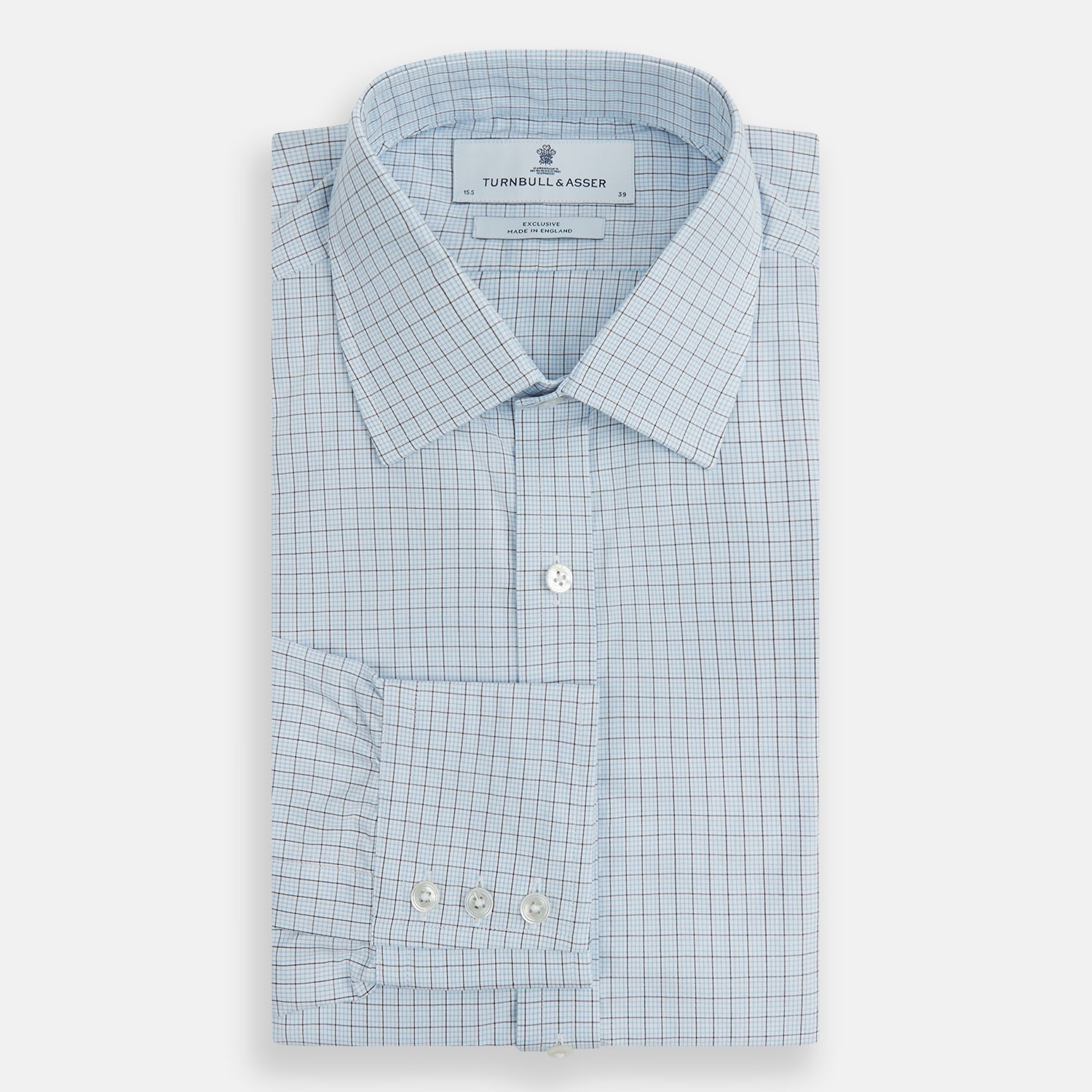 Image 4 of product The Blue Multi Graph Check Mayfair Shirt by Turnbull & Asser features long sleeves, a classic T&A collar, chest pocket, and is crafted from breathable cotton, shown on a white background.
