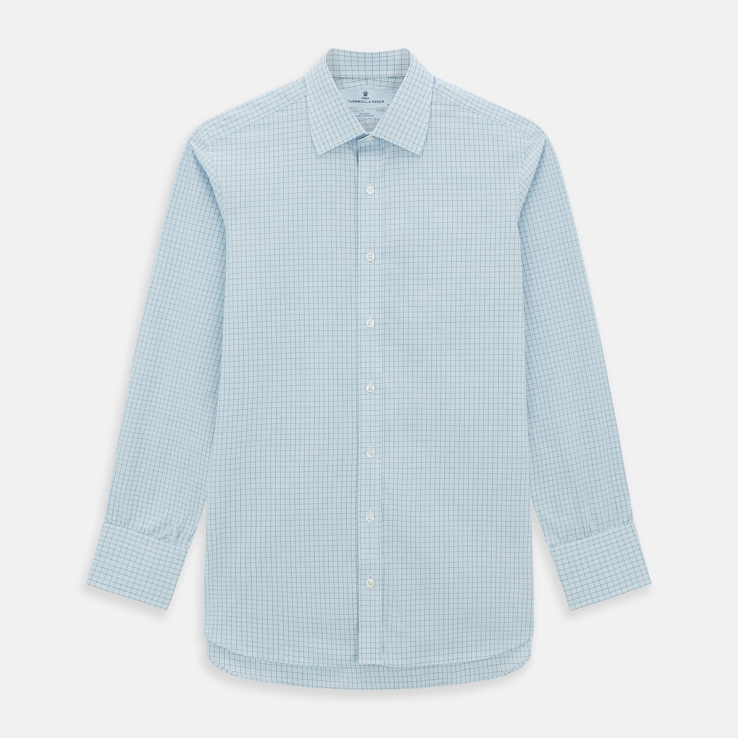 Image 1 of product The Blue Multi Graph Check Mayfair Shirt by Turnbull & Asser features long sleeves, a classic T&A collar, chest pocket, and is crafted from breathable cotton, shown on a white background.