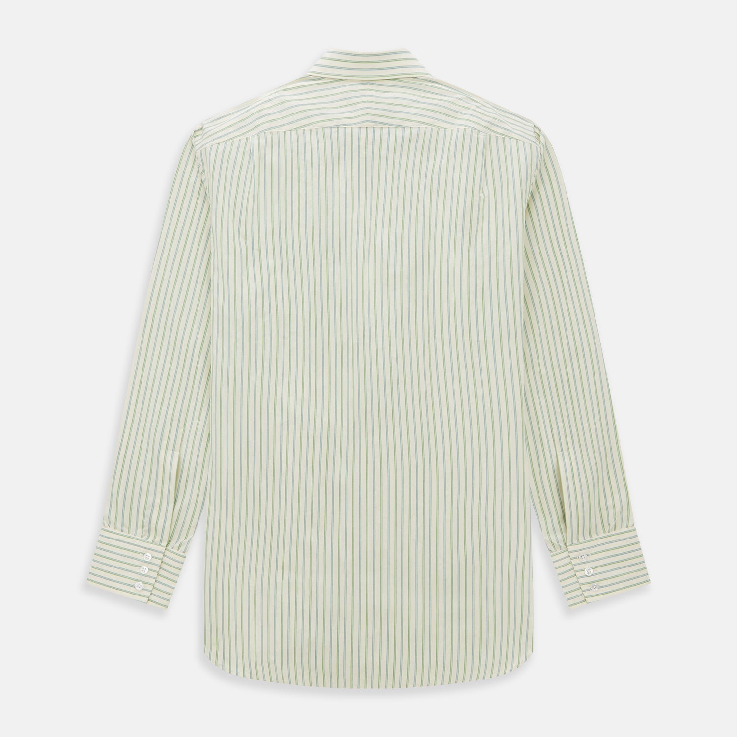 Image 5 of product The Green Double Stripe Mayfair Shirt by Turnbull & Asser features light green and white vertical stripes, long sleeves, a T&A collar, and buttoned cuffs. Made from organic cotton and shown laid flat on a white background.