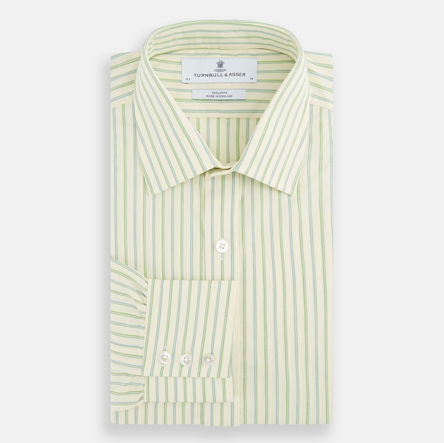 Image 4 of product The Green Double Stripe Mayfair Shirt by Turnbull & Asser features light green and white vertical stripes, long sleeves, a T&A collar, and buttoned cuffs. Made from organic cotton and shown laid flat on a white background.