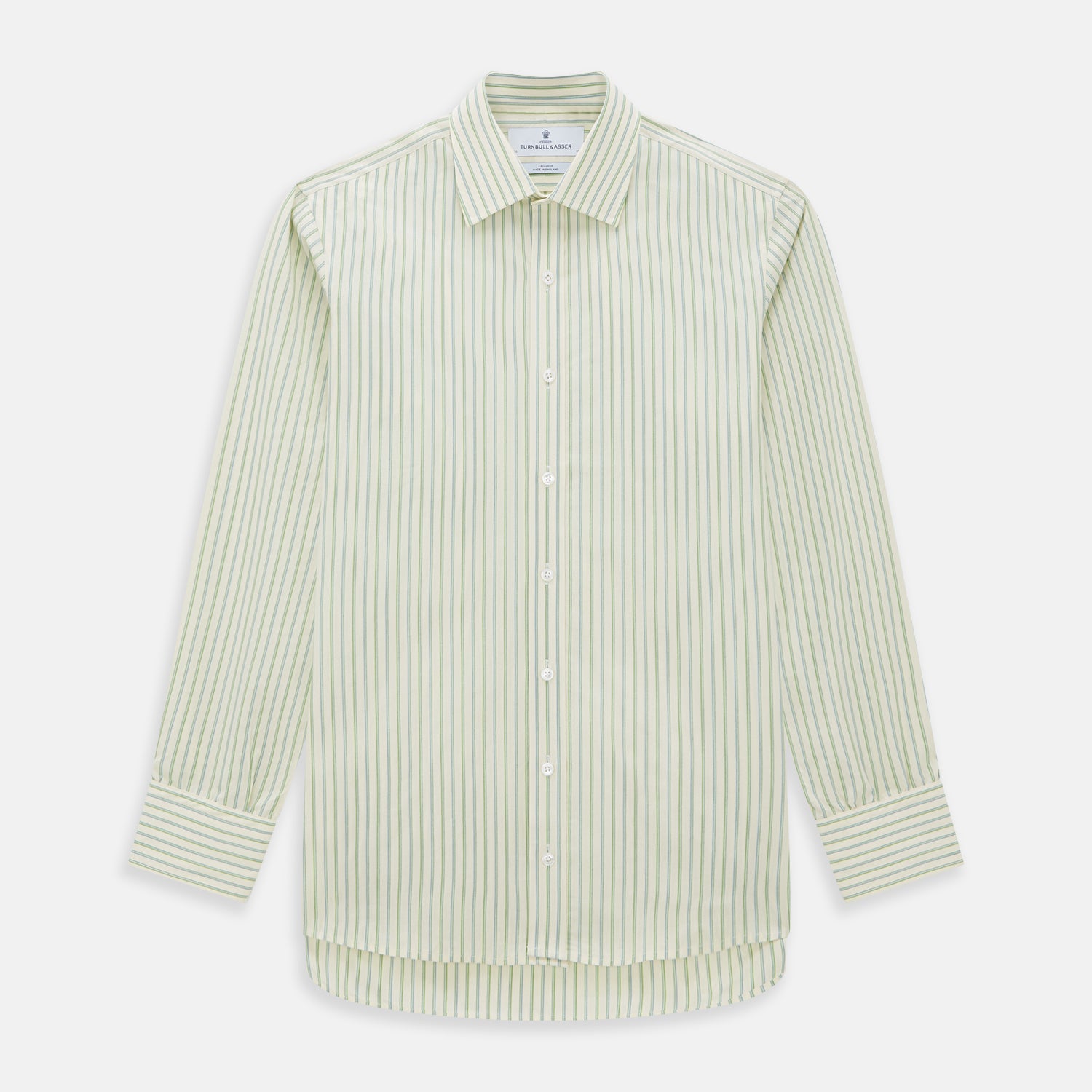 Image 1 of product The Green Double Stripe Mayfair Shirt by Turnbull & Asser features light green and white vertical stripes, long sleeves, a T&A collar, and buttoned cuffs. Made from organic cotton and shown laid flat on a white background.