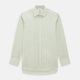 The Green Double Stripe Mayfair Shirt by Turnbull & Asser features light green and white vertical stripes, long sleeves, a T&A collar, and buttoned cuffs. Made from organic cotton and shown laid flat on a white background.