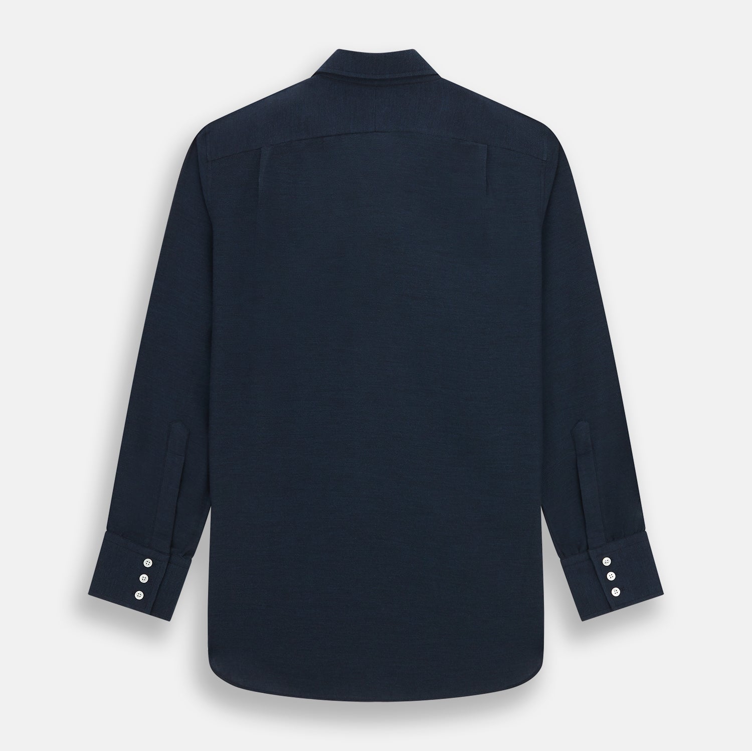 Image 5 of product The Turnbull & Asser Navy Cotton Cashmere Chelsea Shirt features long sleeves, a classic collar, front chest pocket, and white buttons, shown laid flat on a white background.