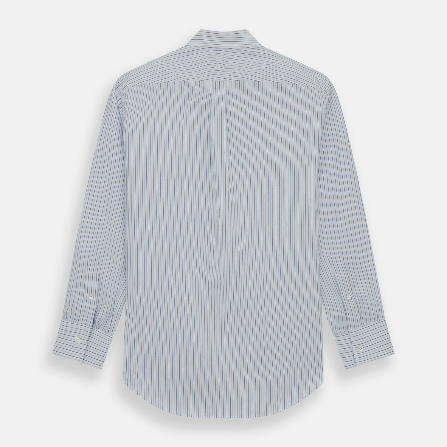 Image 5 of product The Blue Double Pinstripe Richmond Shirt by Turnbull & Asser, featuring long sleeves, buttoned cuffs, and a button-down collar, is laid flat on a white background.