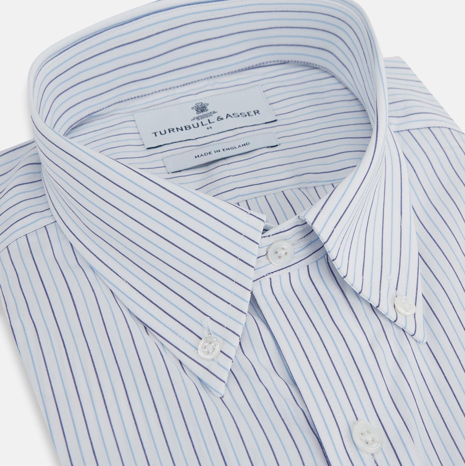 Image 2 of product The Blue Double Pinstripe Richmond Shirt by Turnbull & Asser, featuring long sleeves, buttoned cuffs, and a button-down collar, is laid flat on a white background.