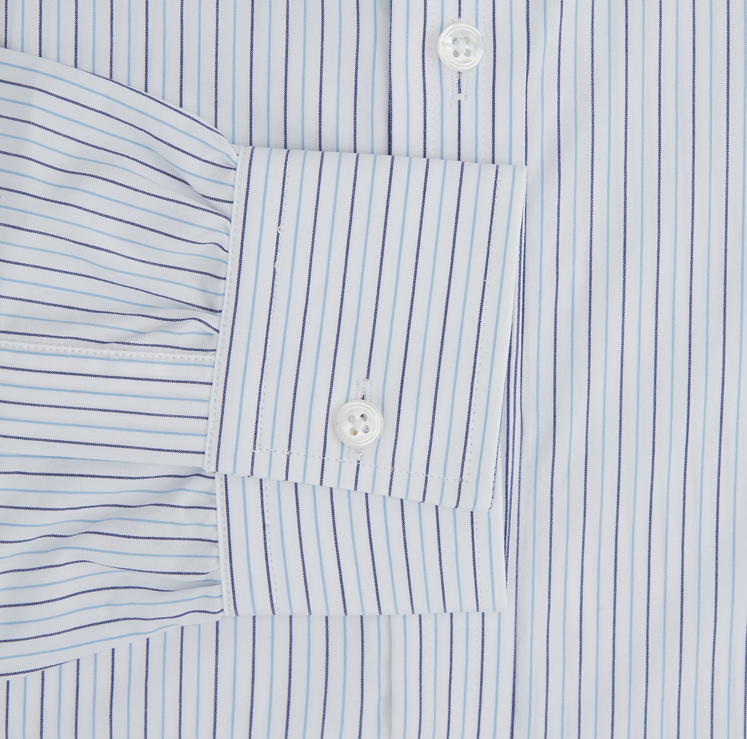 Image 3 of product The Blue Double Pinstripe Richmond Shirt by Turnbull & Asser, featuring long sleeves, buttoned cuffs, and a button-down collar, is laid flat on a white background.
