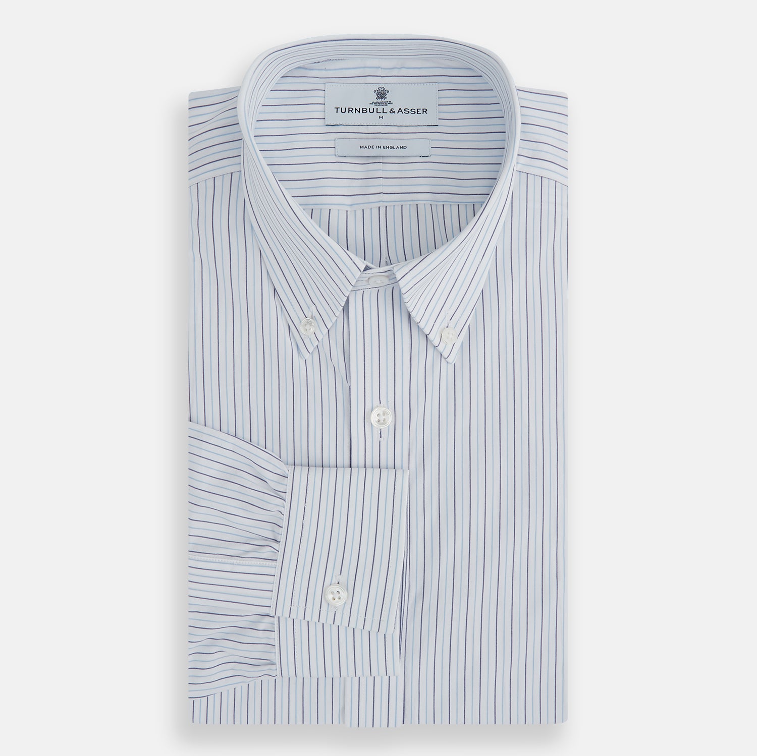 Image 4 of product The Blue Double Pinstripe Richmond Shirt by Turnbull & Asser, featuring long sleeves, buttoned cuffs, and a button-down collar, is laid flat on a white background.