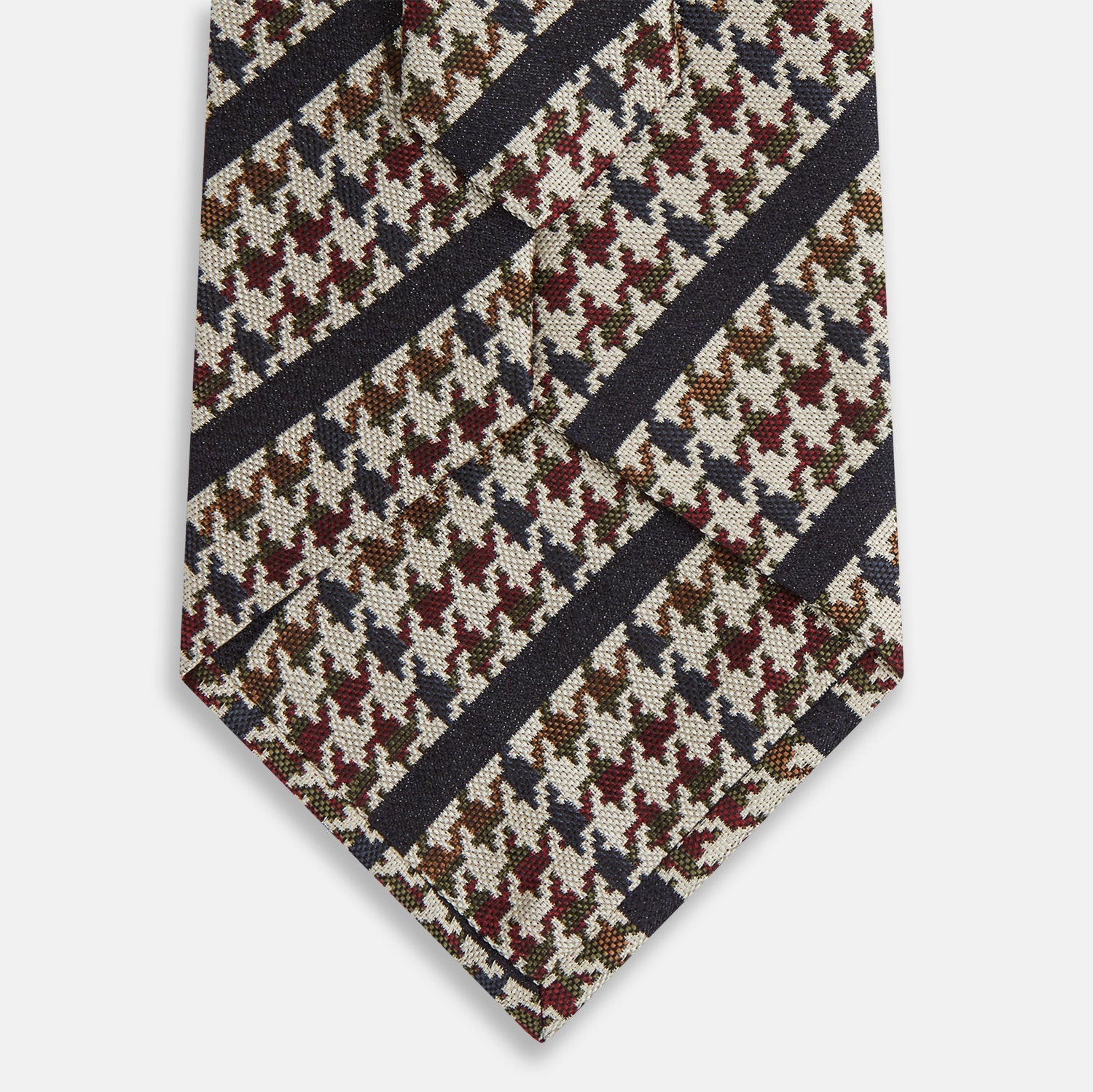 Image 3 of product The Turnbull & Asser Brown Houndstooth Stripe Silk Tie features a houndstooth pattern with diagonal stripes, crafted from silk for a refined finish—ideal to pair with Turnbull & Asser shirts.