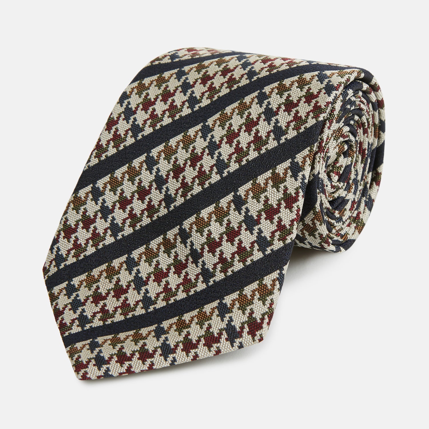 Image 1 of product The Turnbull & Asser Brown Houndstooth Stripe Silk Tie features a houndstooth pattern with diagonal stripes, crafted from silk for a refined finish—ideal to pair with Turnbull & Asser shirts.