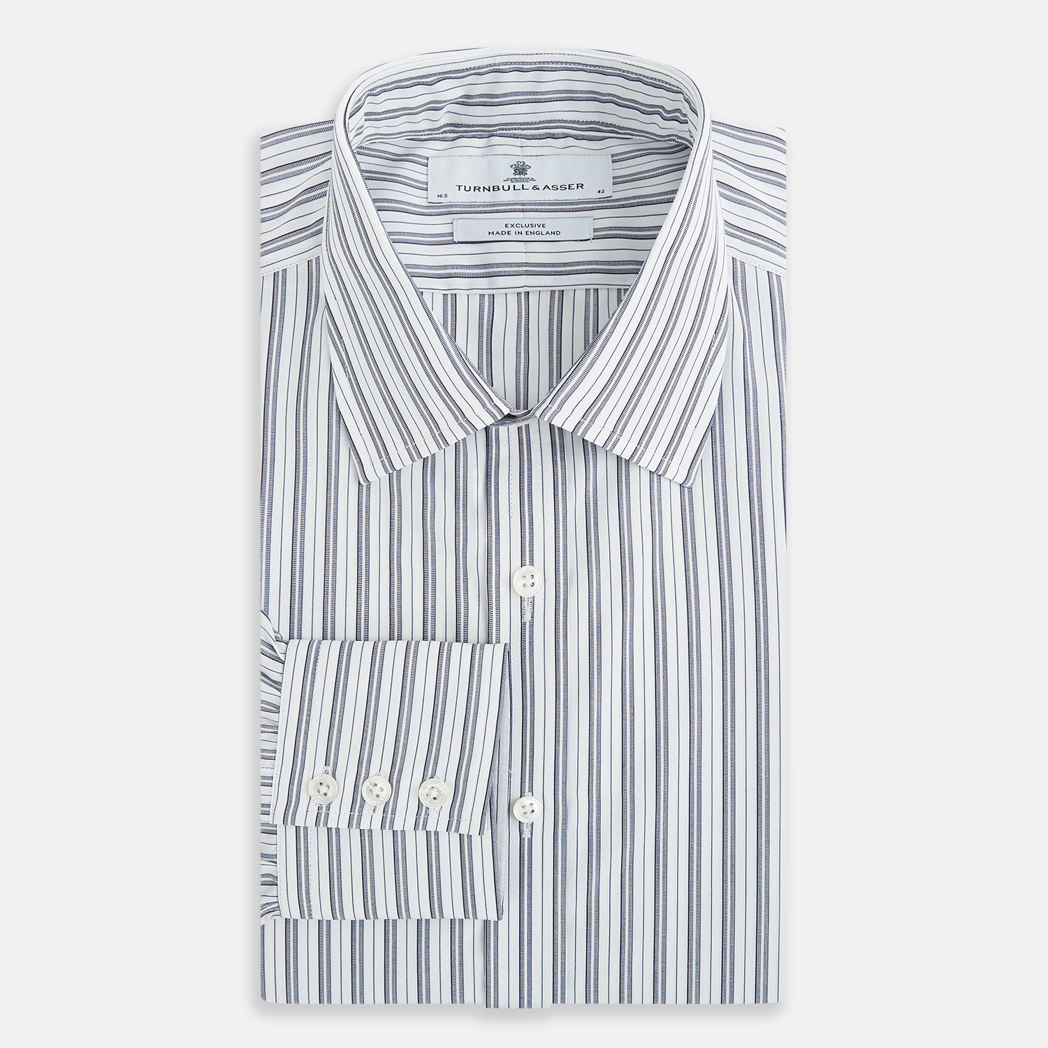 Image 5 of product The Turnbull & Asser Navy Multi Stripe Mayfair Shirt, a pure cotton button-up with long sleeves and a collar, features thin vertical blue and white stripes and is displayed flat on a white background.