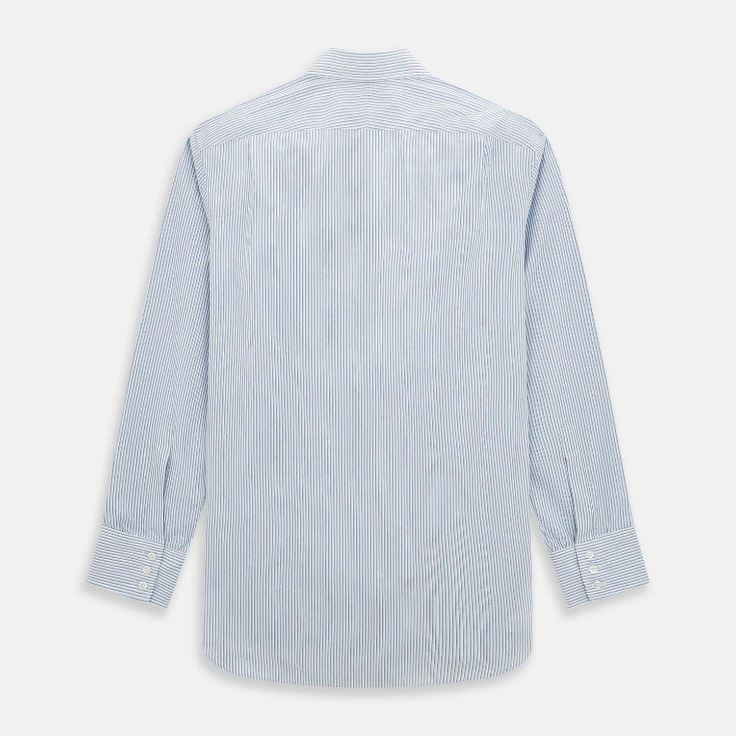 Image 3 of product The Turnbull & Asser Sky Blue Shadow Pinstripe Mayfair Shirt, a long-sleeved, button-up shirt with a T&A collar and light blue and white thin vertical stripes, is displayed flat on a white background.