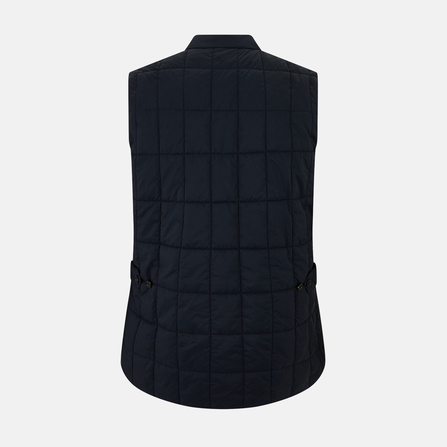 Image 3 of product The Turnbull & Asser Navy Quilted Gilet is sleeveless and lightweight, with a front zipper, zippered side pockets, chest pocket, and rounded hem—ideal for versatile layering. Shown on a plain white background.