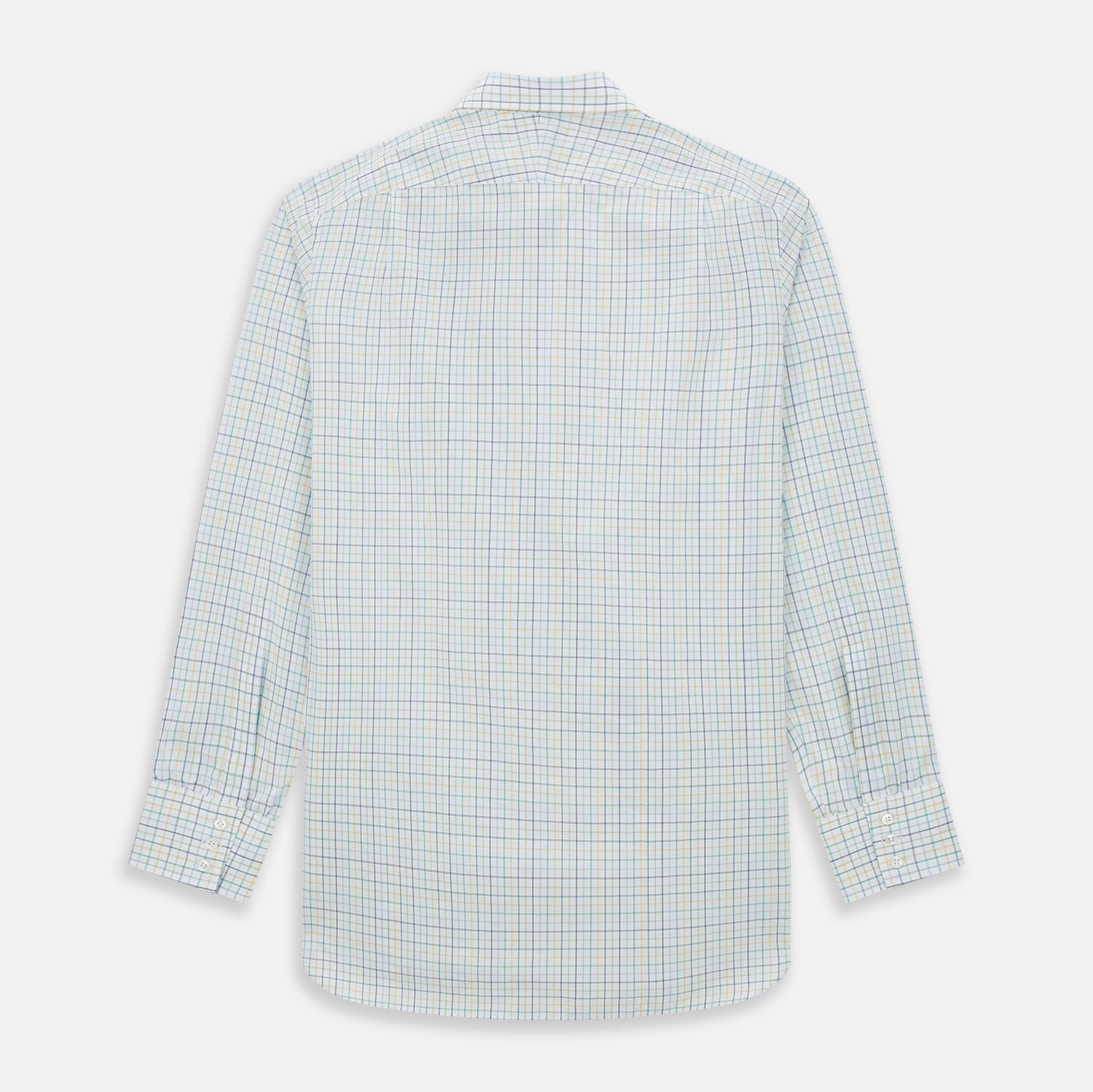 Image 3 of product The Turnbull & Asser Multi Tone Double Grid Check Mayfair Shirt is a long-sleeve, button-up with a classic collar, showcasing pure cotton light blue, green, and yellow grid checks on white, neatly displayed flat against a white surface.